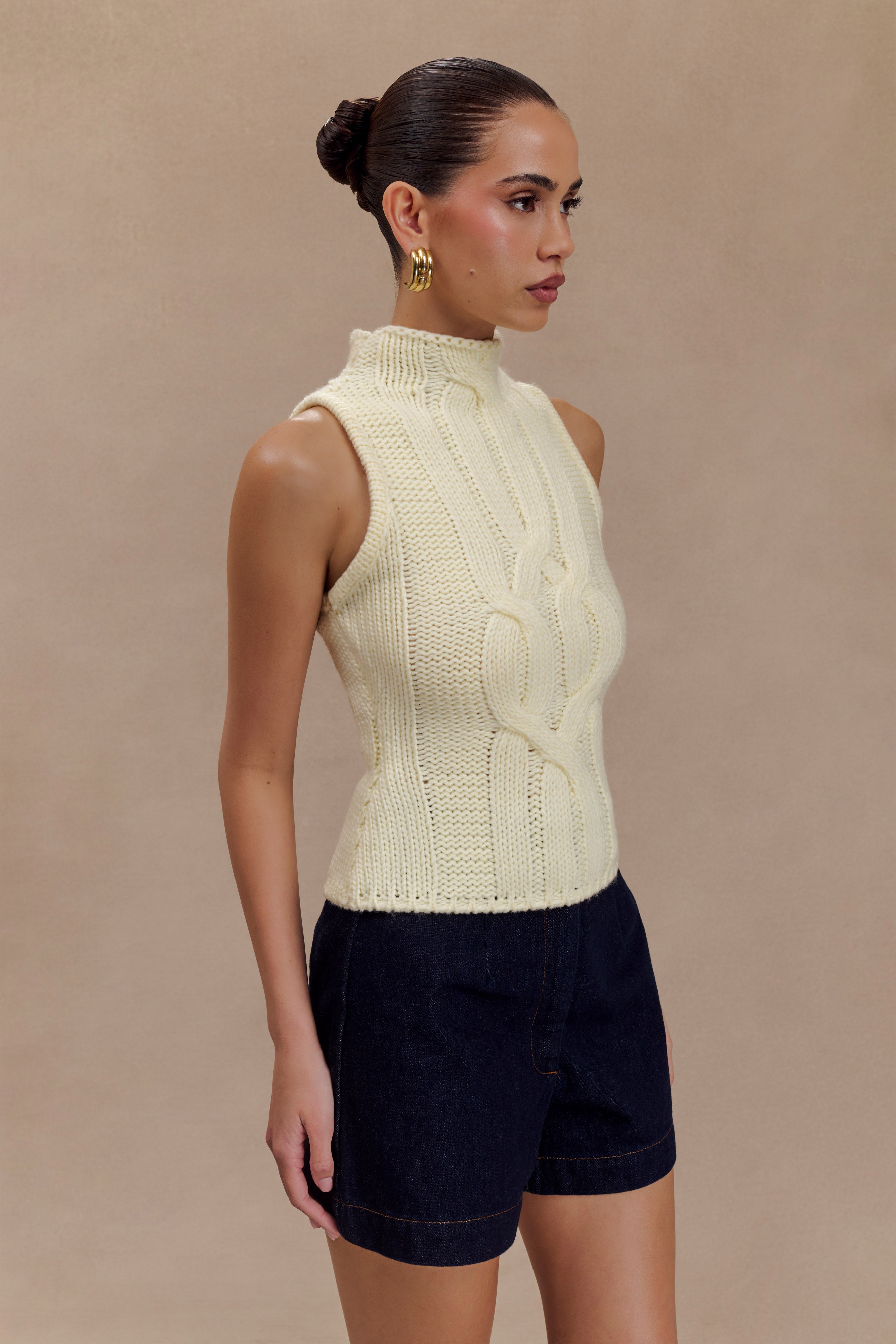 Roberta High Neck Cable Knit Top - Ivory、mySite、solidvoid