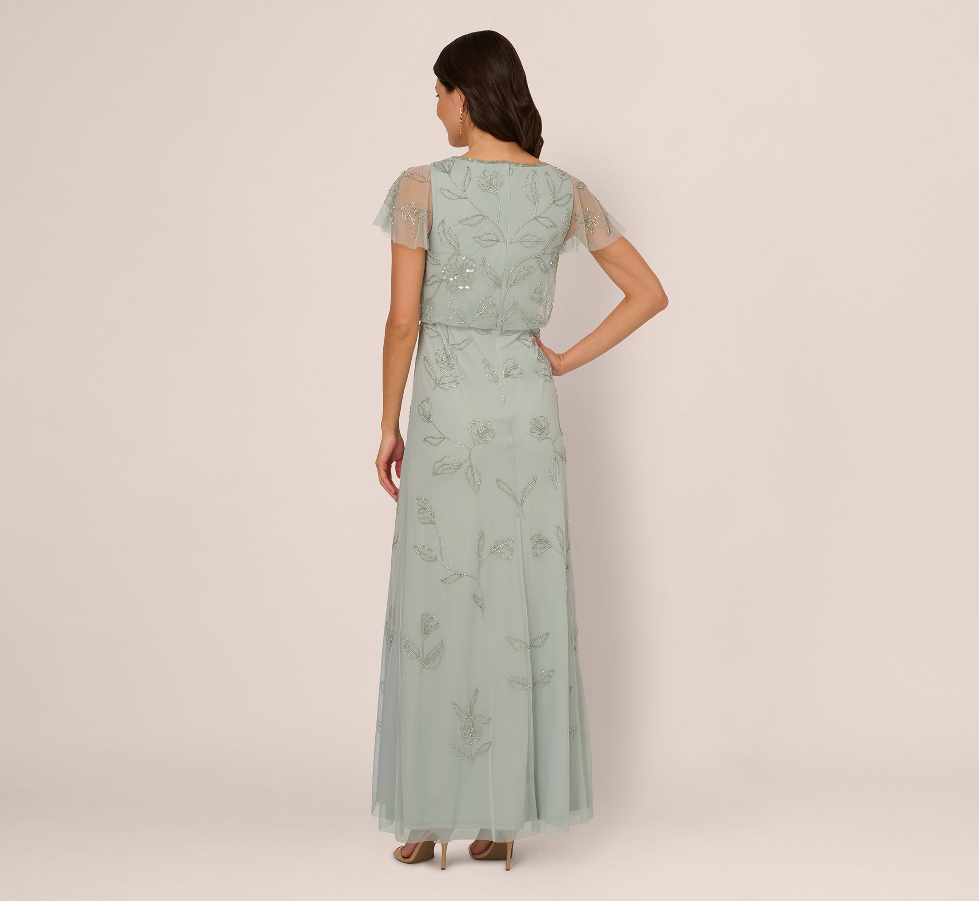 Flutter Sleeve Floral Beaded Blouson Gown In Aqua Dust、mySite、solidvoid