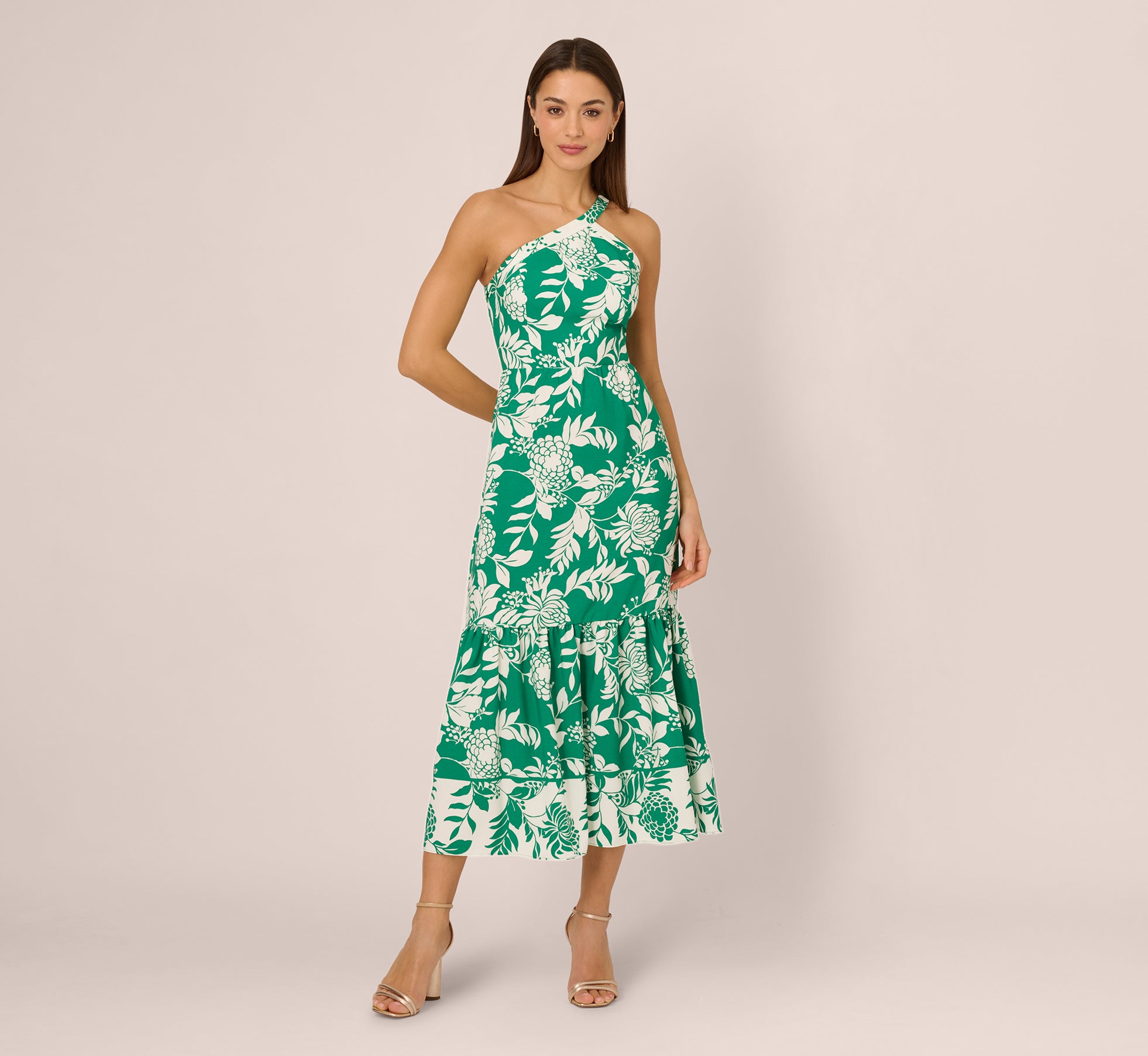 One Shoulder Floral Flounce Midi Dress In Green White、mySite、solidvoid