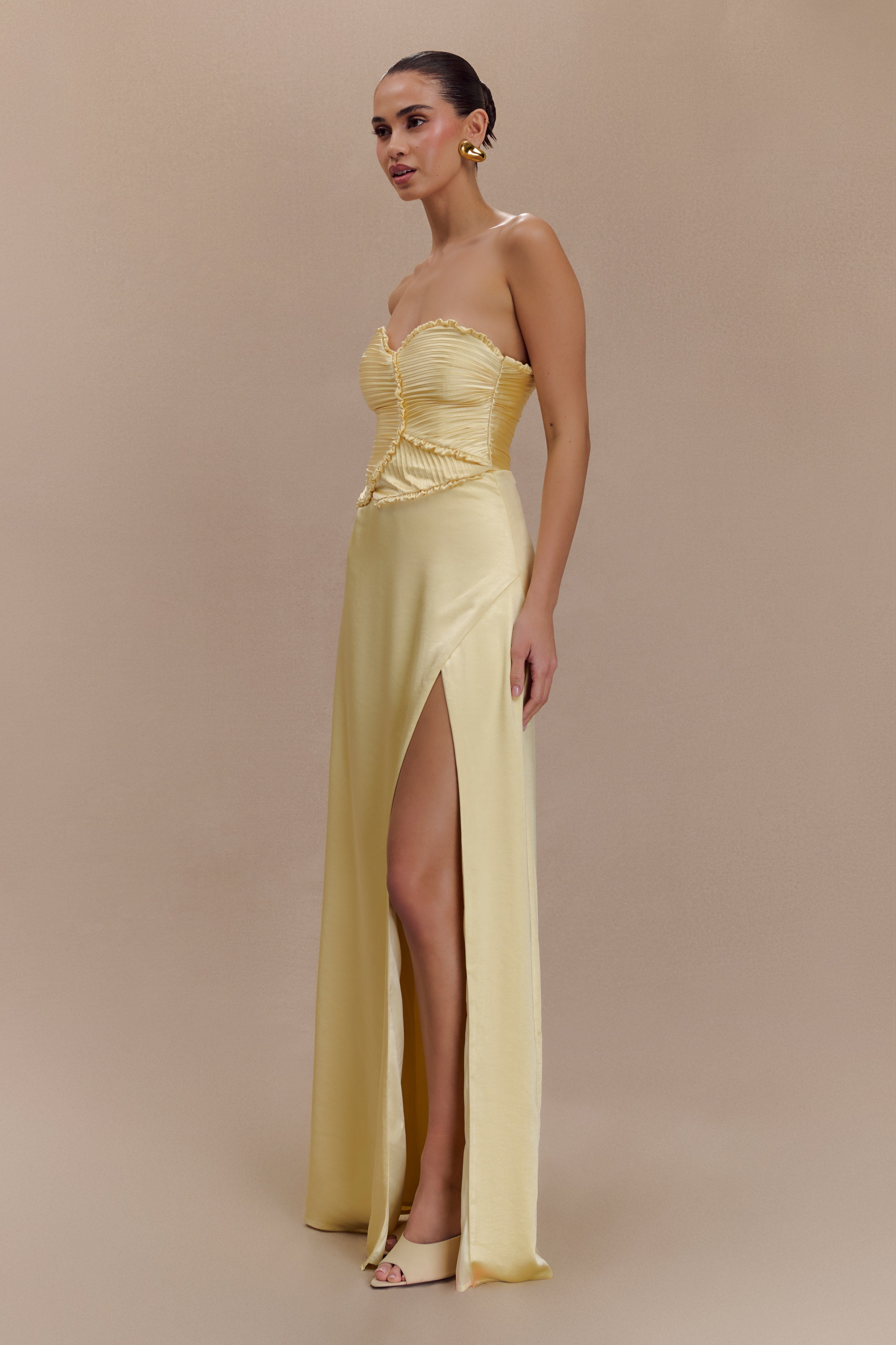 Larissa Satin Maxi Dress With Ruched Petals - Lemon、mySite、solidvoid