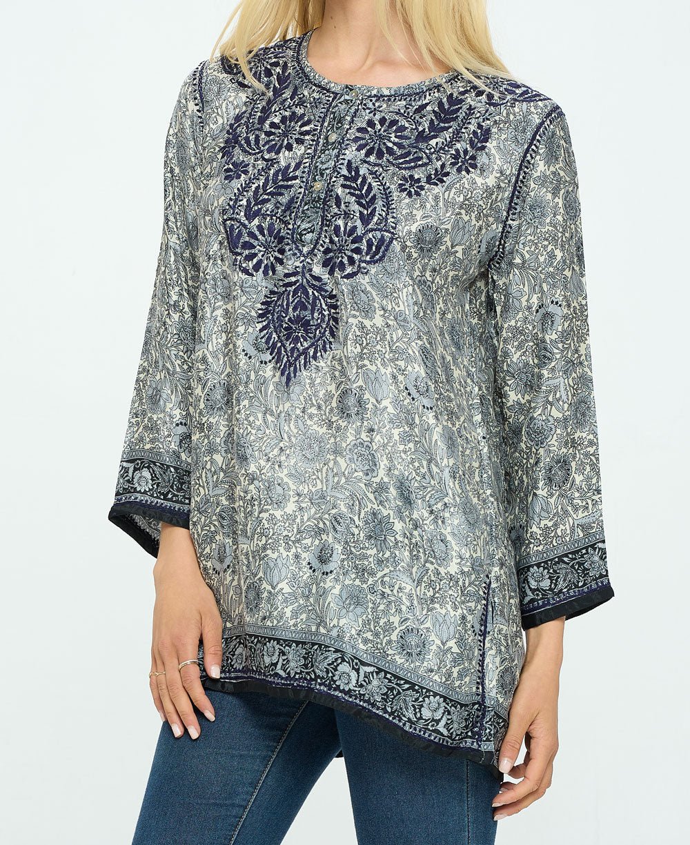 Midnight Floral Garden Embroidered Tunic Top、mySite、topwebapps