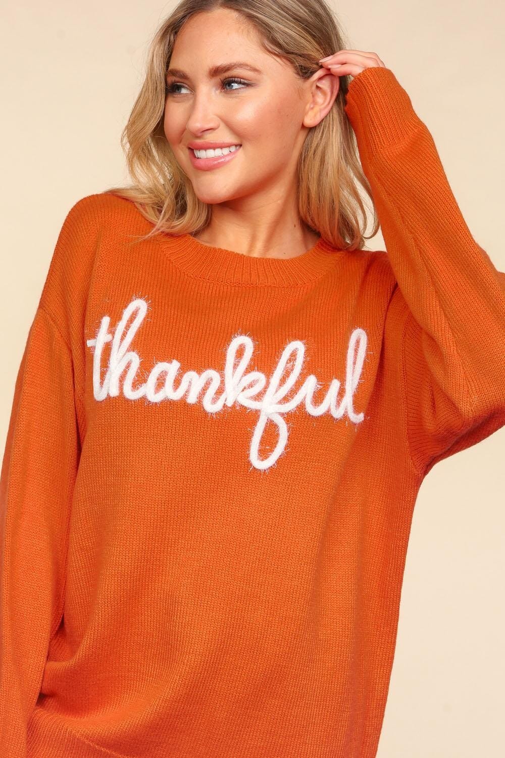 Metallic Glitter Embroidery Women's Thankful Sweater、mySite、camillekostekn