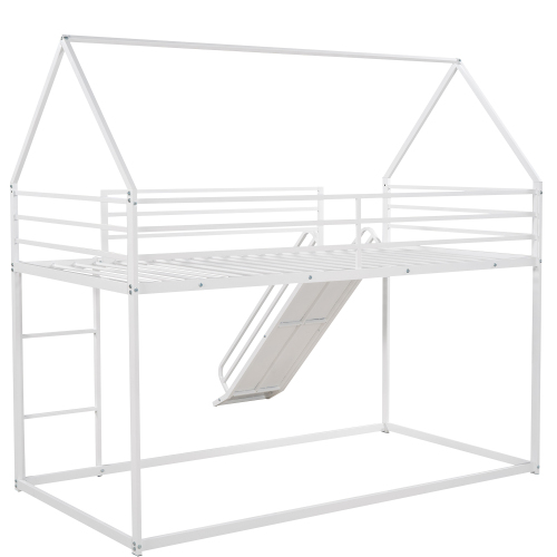Twin over Twin House Bunk Bed with Built-in Ladder,White、、casual