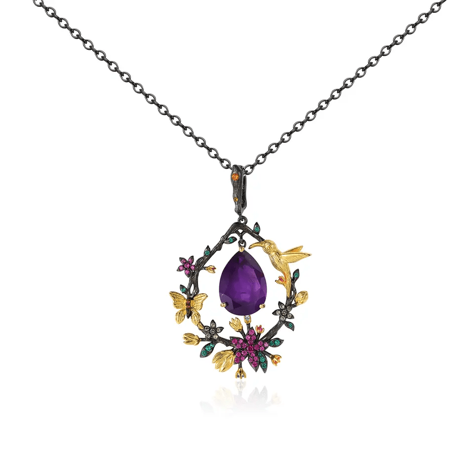 Hummingbird Floral Statement Necklace 925 Sterling Silver Waterproof Vintage Topaz, Amethyst or Citrine、mySite、g9winljtr