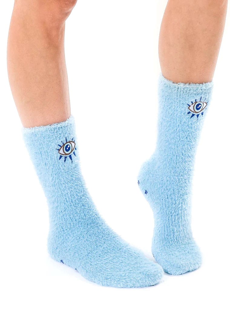 Fuzzy Evil Eye Blue Crew Socks with Grippy Bottoms、mySite、g9winljtr
