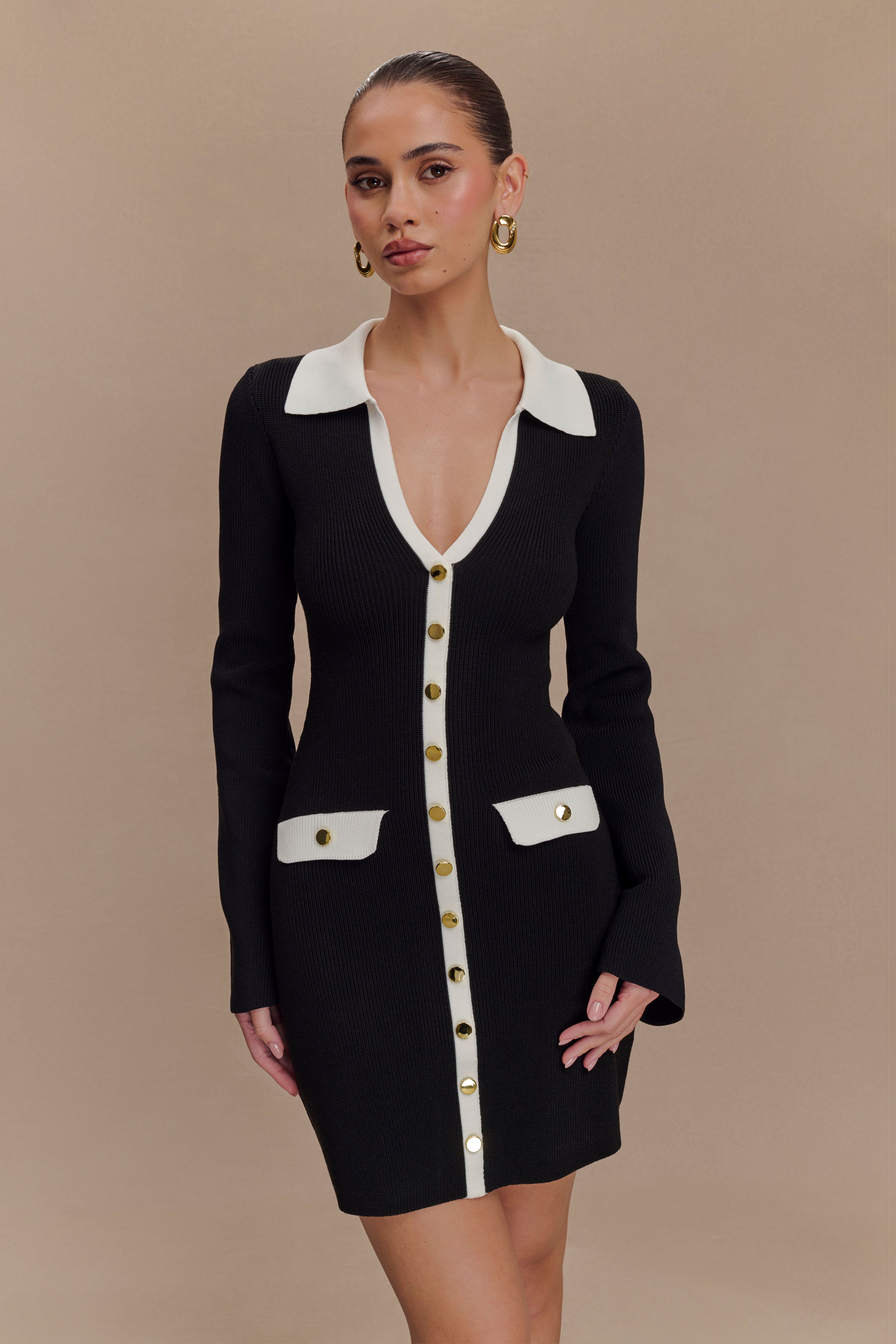 Wrenley Long Sleeve Knit Mini Dress - Black/White、mySite、solidvoid