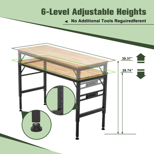 Adjustable Height Workbench, 60" Rubber Wood Top Heavy duty Workstation with Power Outlets, 2000 LBS Load Capacity Hardwood Worktable for Workshop, Garage, Office, Home, Commercial、、casual