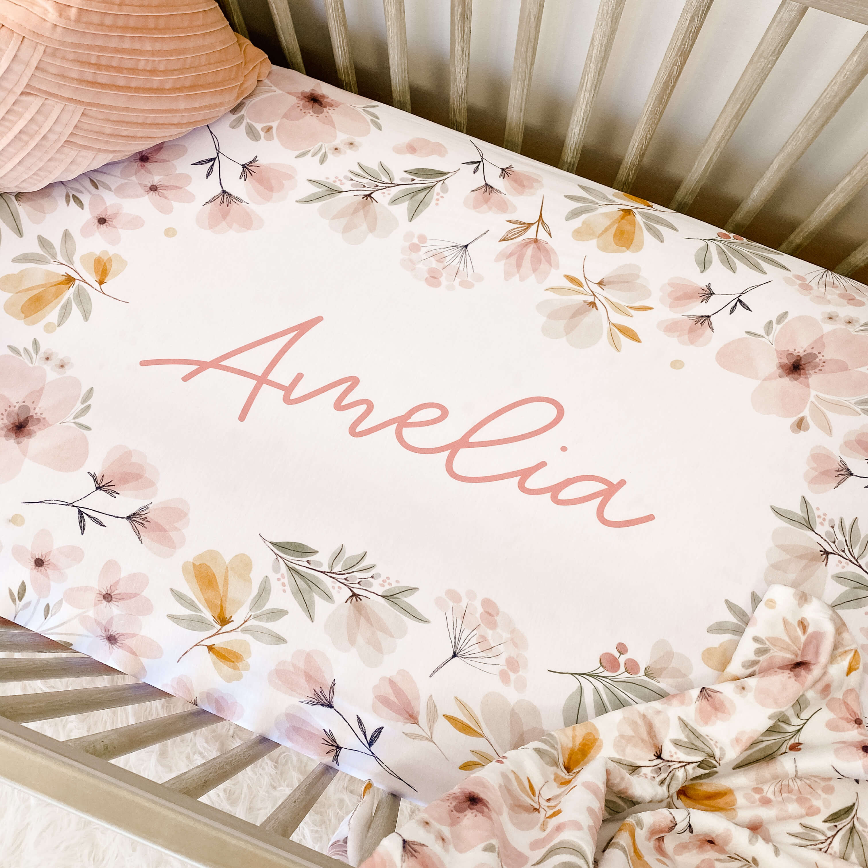  Maeve's Mauve & Mustard Floral Personalized Crib Sheet、mySite、layawaytickets