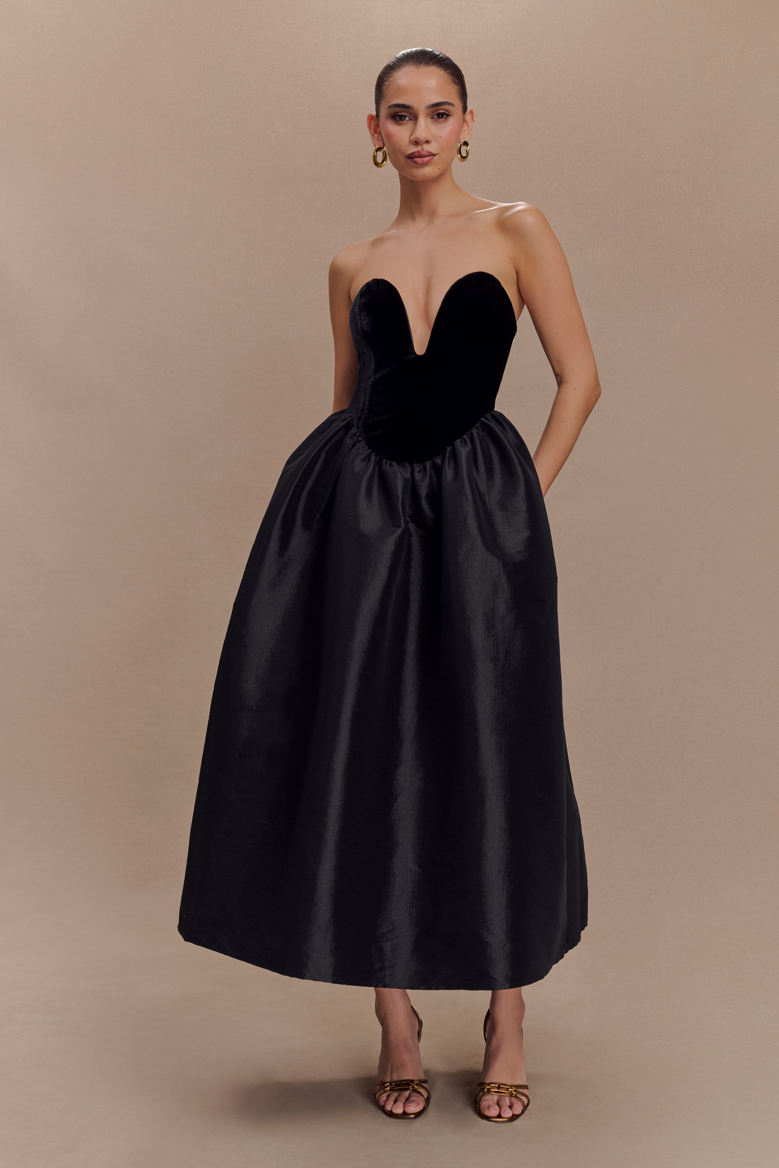 Flora Strapless Velvet Midi Dress - Black、mySite、solidvoid