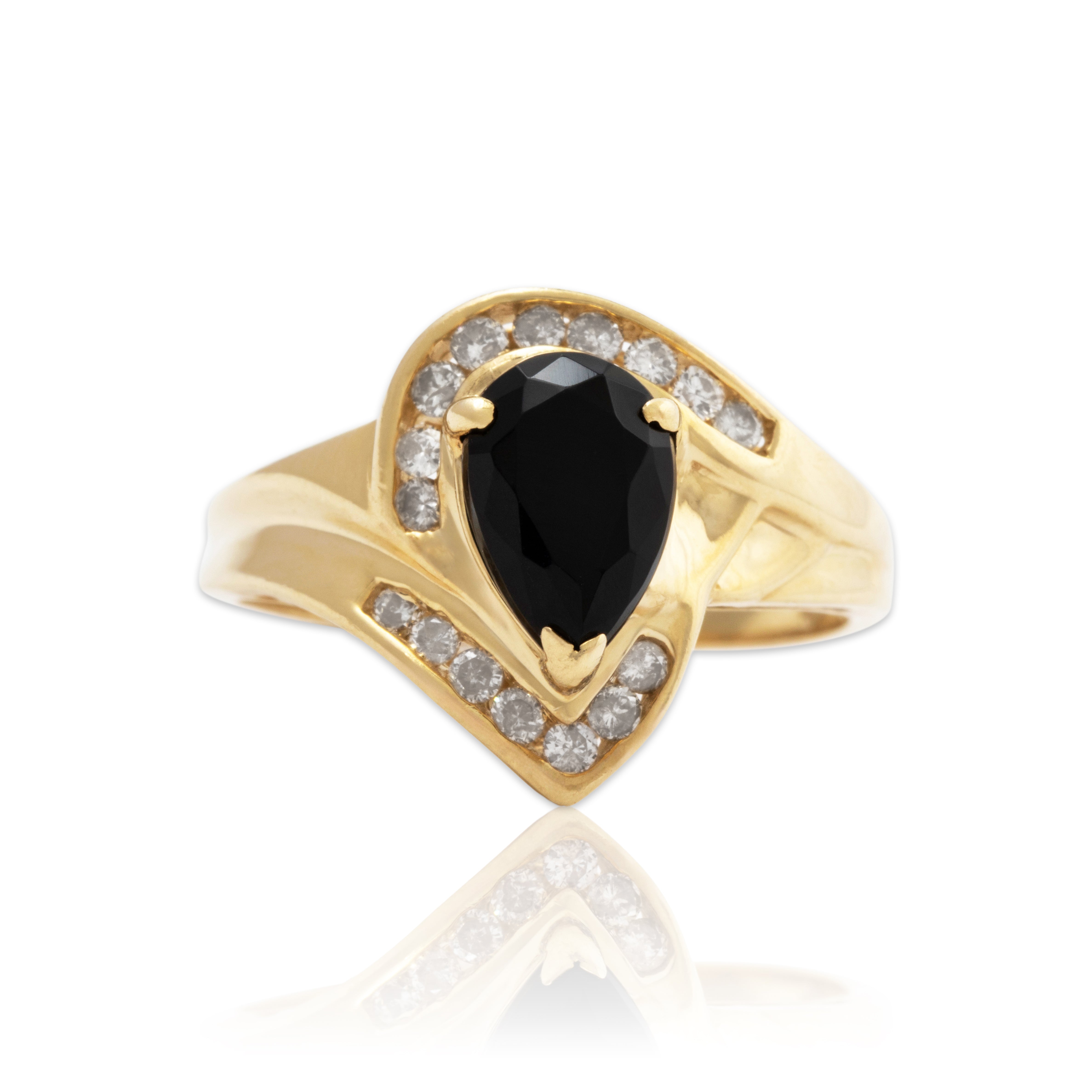 Vintage 14k Yellow Gold Onyx .208cttw Diamond Elegant Pear Bypass Ring 7.00、mySite、hinf8tx79