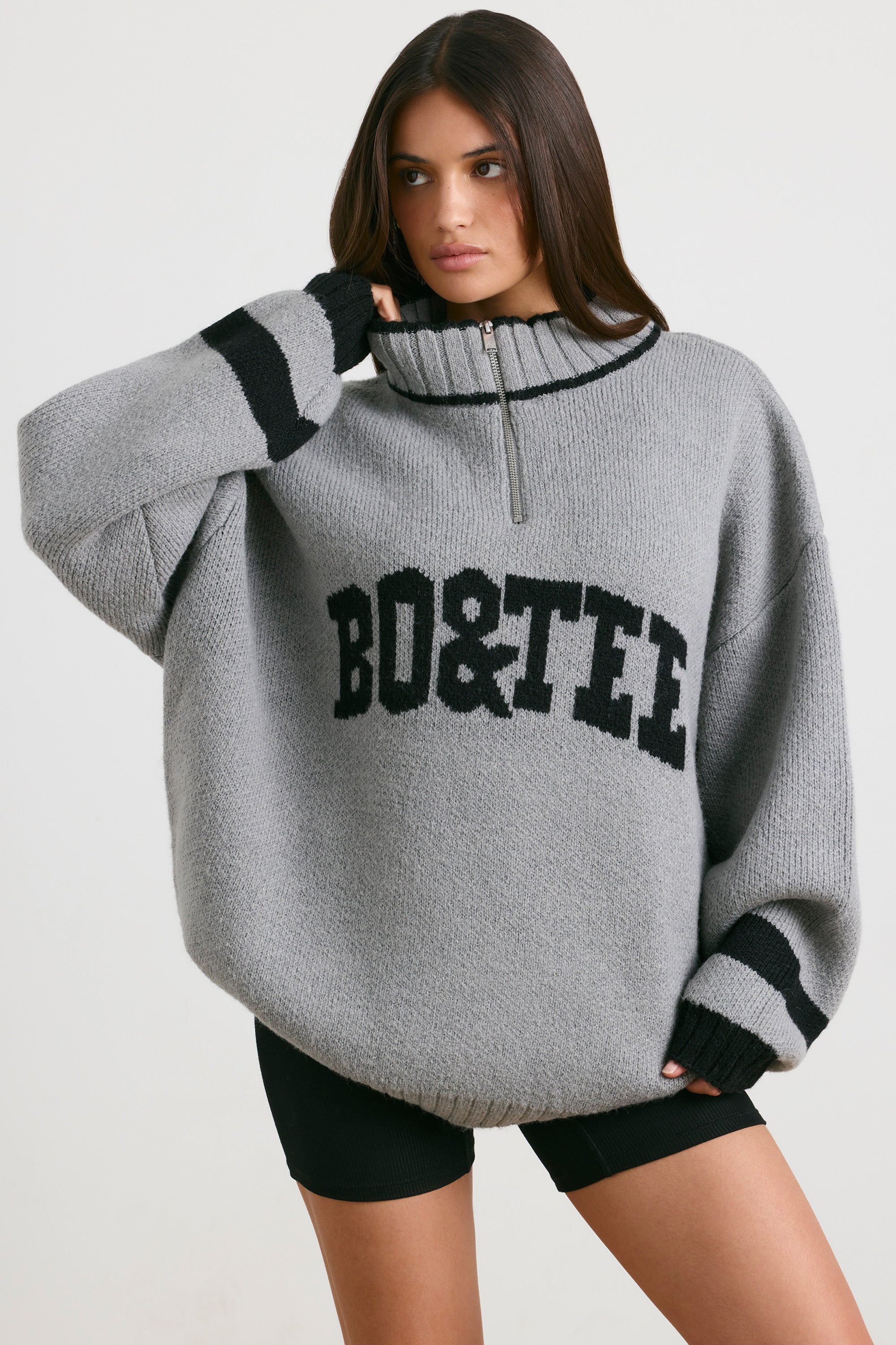 Oversized Quarter-Zip Chunky-Knit Jumper in Heather Grey、mySite、solidvoid