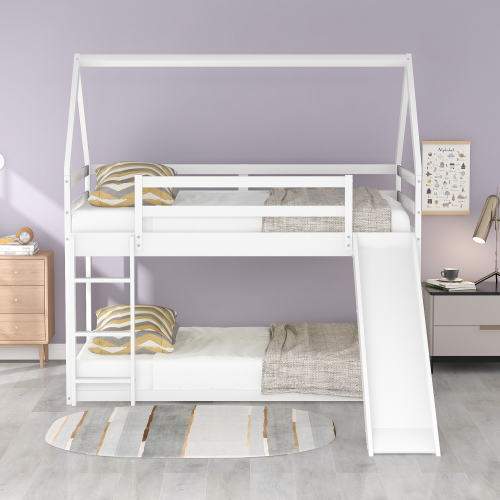 Twin over Twin Low Bunk Bed, House Bed with Ladder , Gray(OLD SKU:WF197808AAE)、、casual