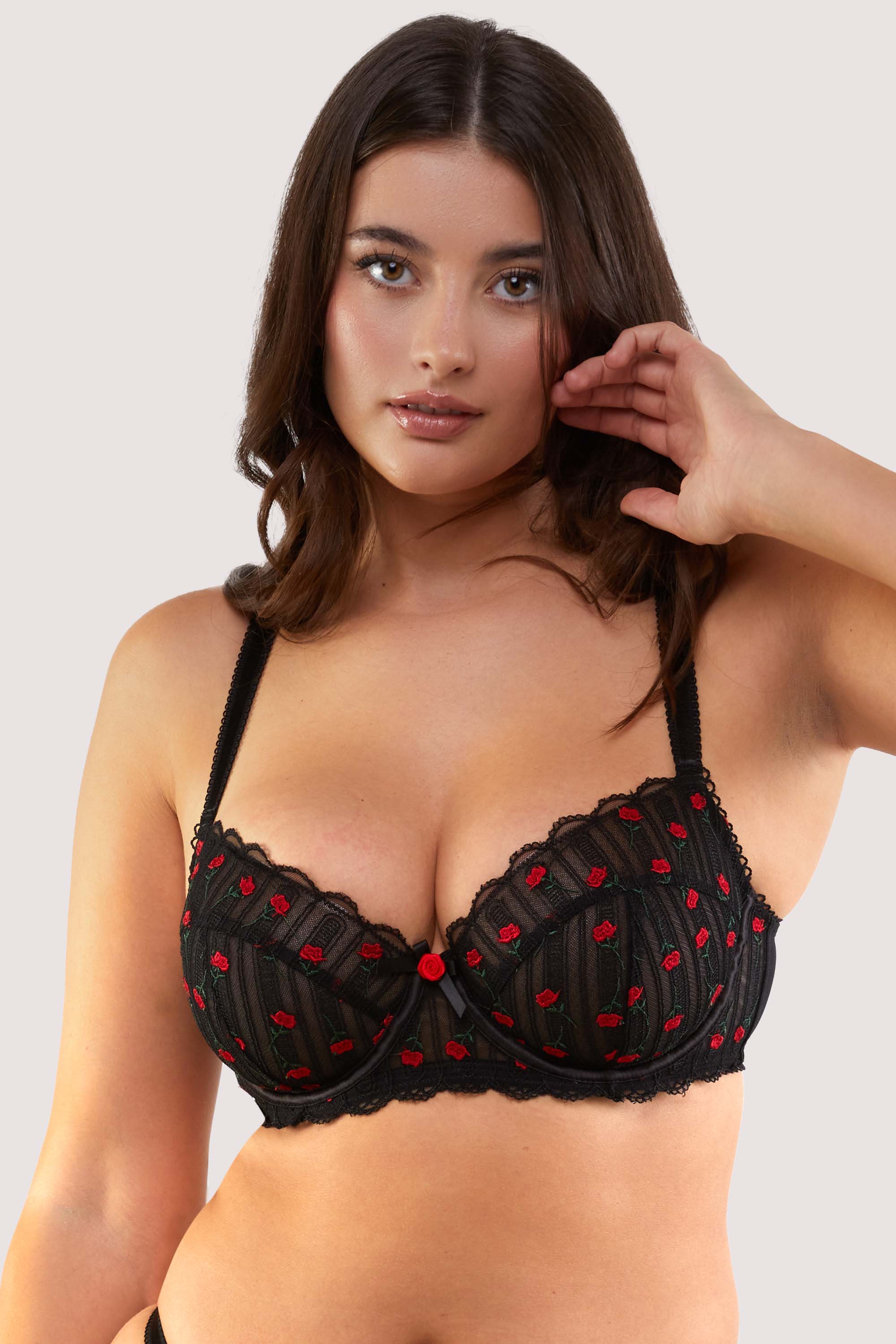 Elodie Black and Red Rosebud Embroidery Balconette Bra、mySite、bengalsvssteelers