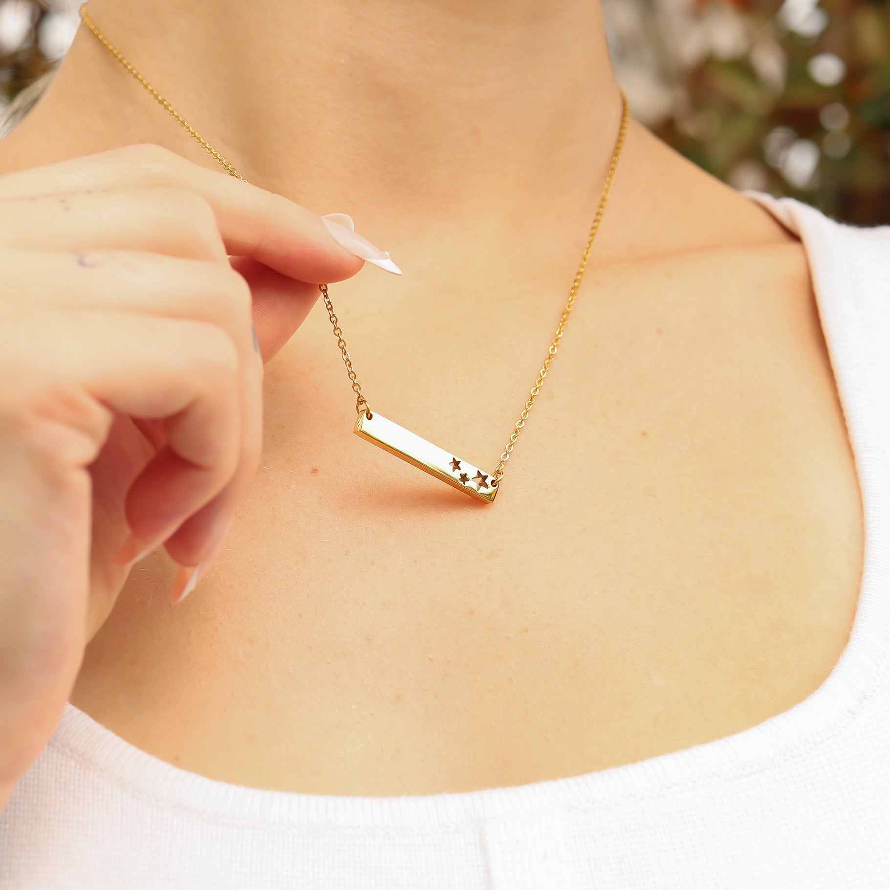 18K Gold PVD Stainless Steel Stars Cutout Horizontal Blank Bar Necklace / SBB0151、mySite、dreamappss