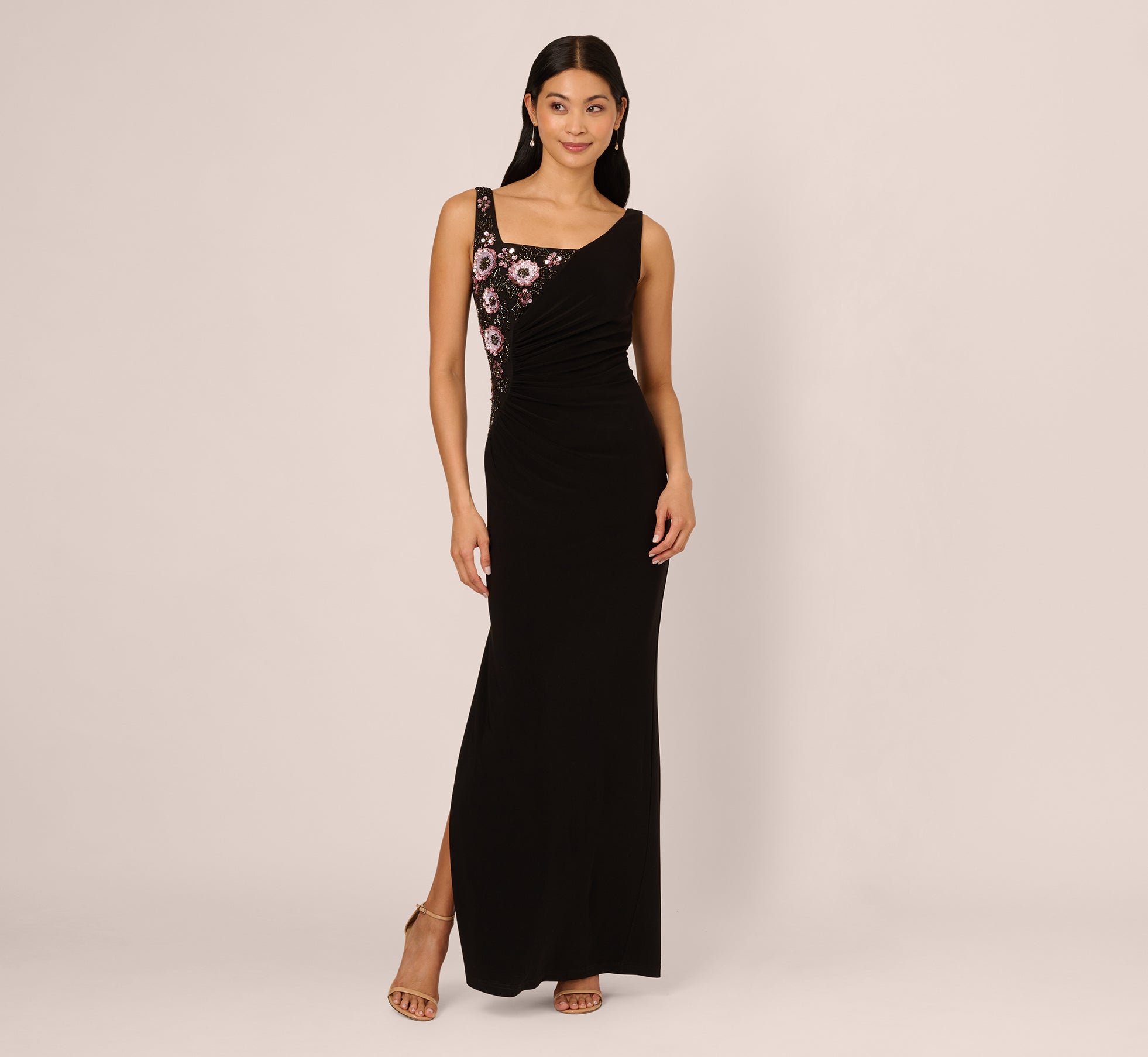 Sleeveless Asymmetrical Floral Beaded Jersey Gown In Black Multi、mySite、solidvoid