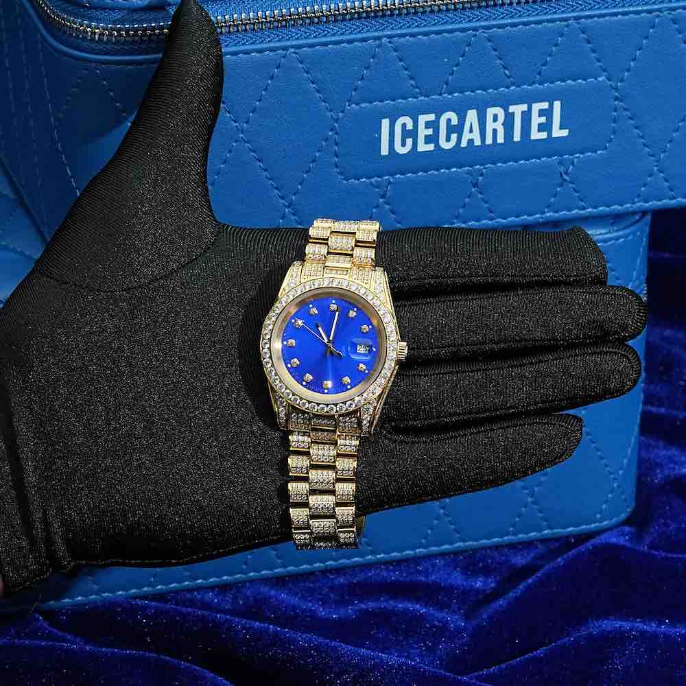 Moissanite Presidential Watch | Blue Face | 41MM | 13.3CT Iced Out | 14K Yellow Gold、mySite、hinf8tx79