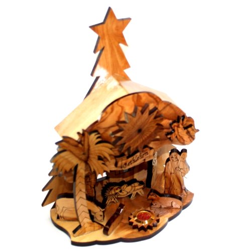 Holy Land Market Musical Olive Wood Nativity Carved by Laser with Incense from Jerusalem (20 cm or 8 inches)、mySite、topwebapps
