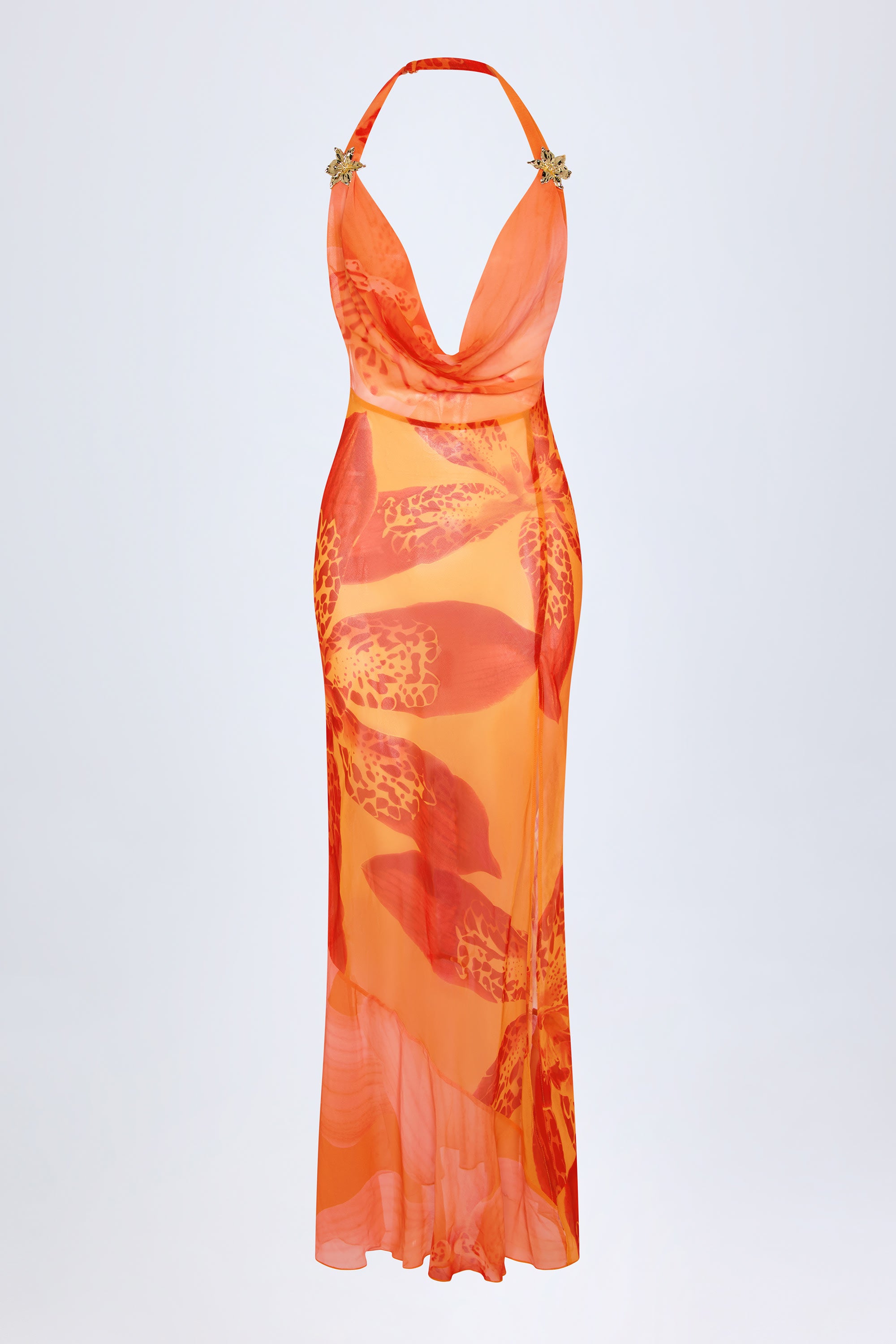  Cowl-Neck Hardware-Detail Maxi Dress in Orange Orchid Print、mySite、sugarbowlscore