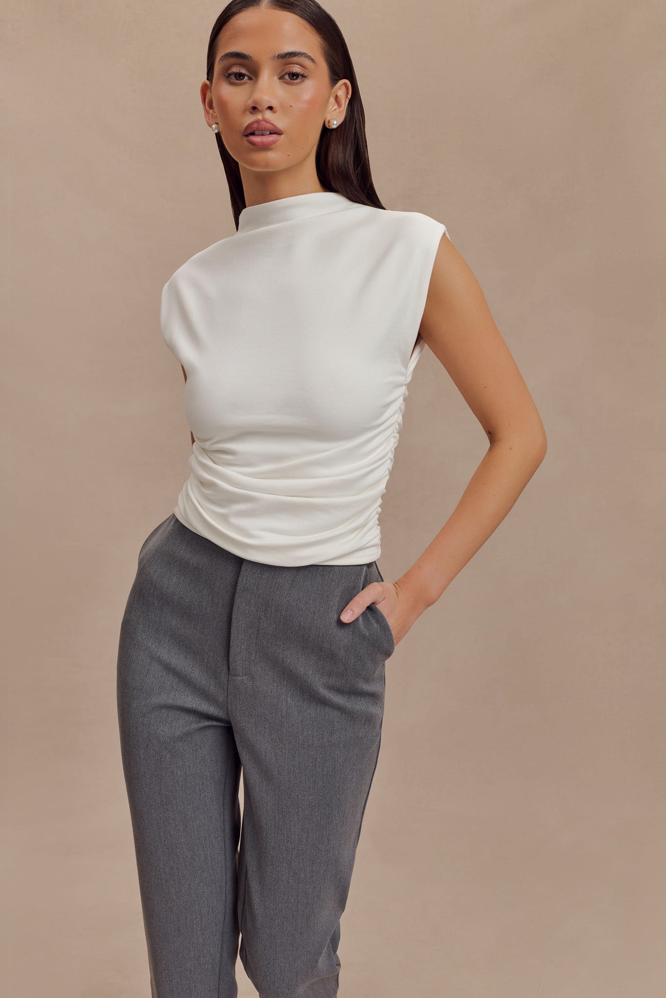 Ellia High Neck Sleeveless Top - White、mySite、solidvoid