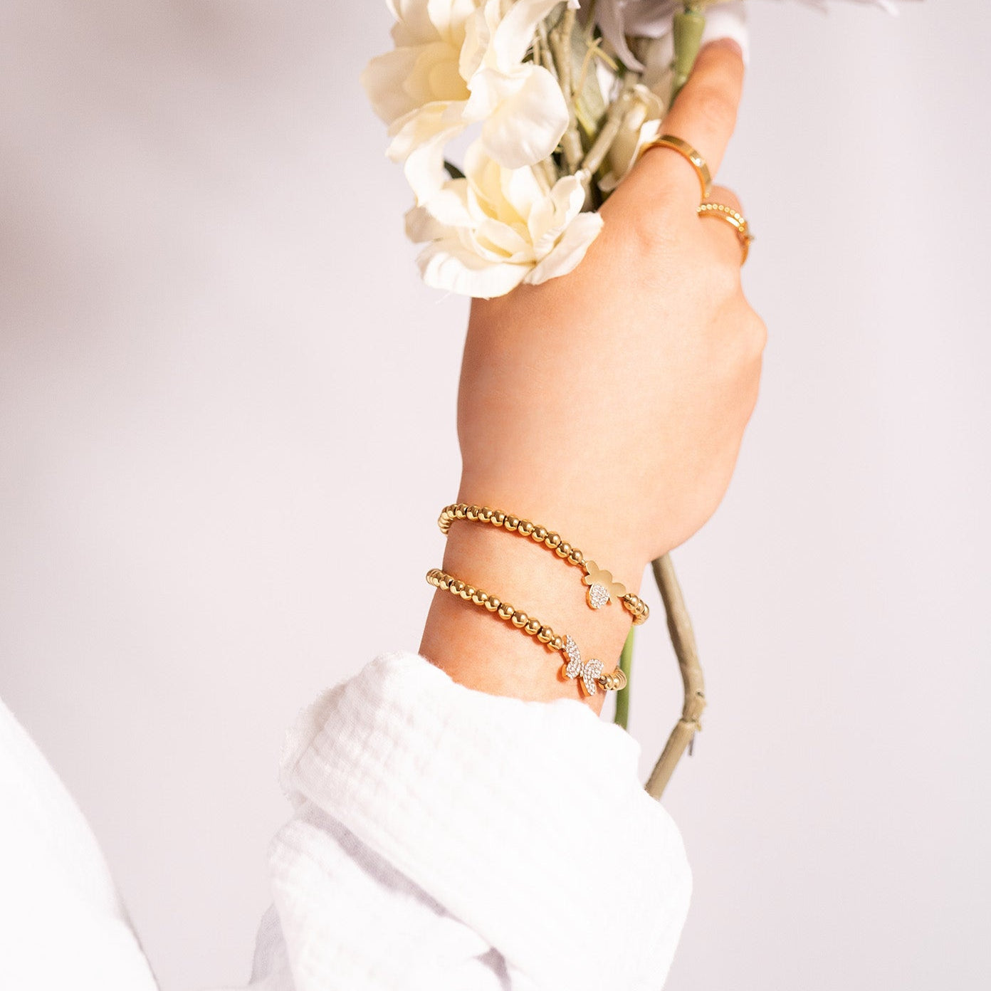 18K Gold PVD Stainless Steel Stone Butterfly Metal Beaded Stretch Bracelet / BRJ1021、mySite、dreamappss