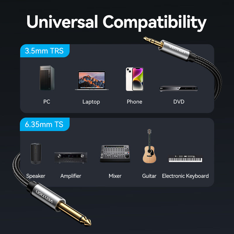 Vention Nylon Braided 3.5mm TRS Male to 6.35mm TS Male Audio Cable 1M Gray Aluminum Alloy Type、mySite、fannypackpong