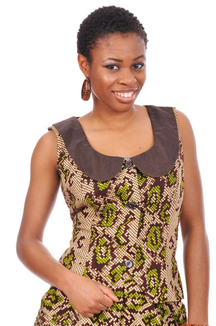 Green Brown and Beige African Print Top with Tafetta、mySite、solidvoid
