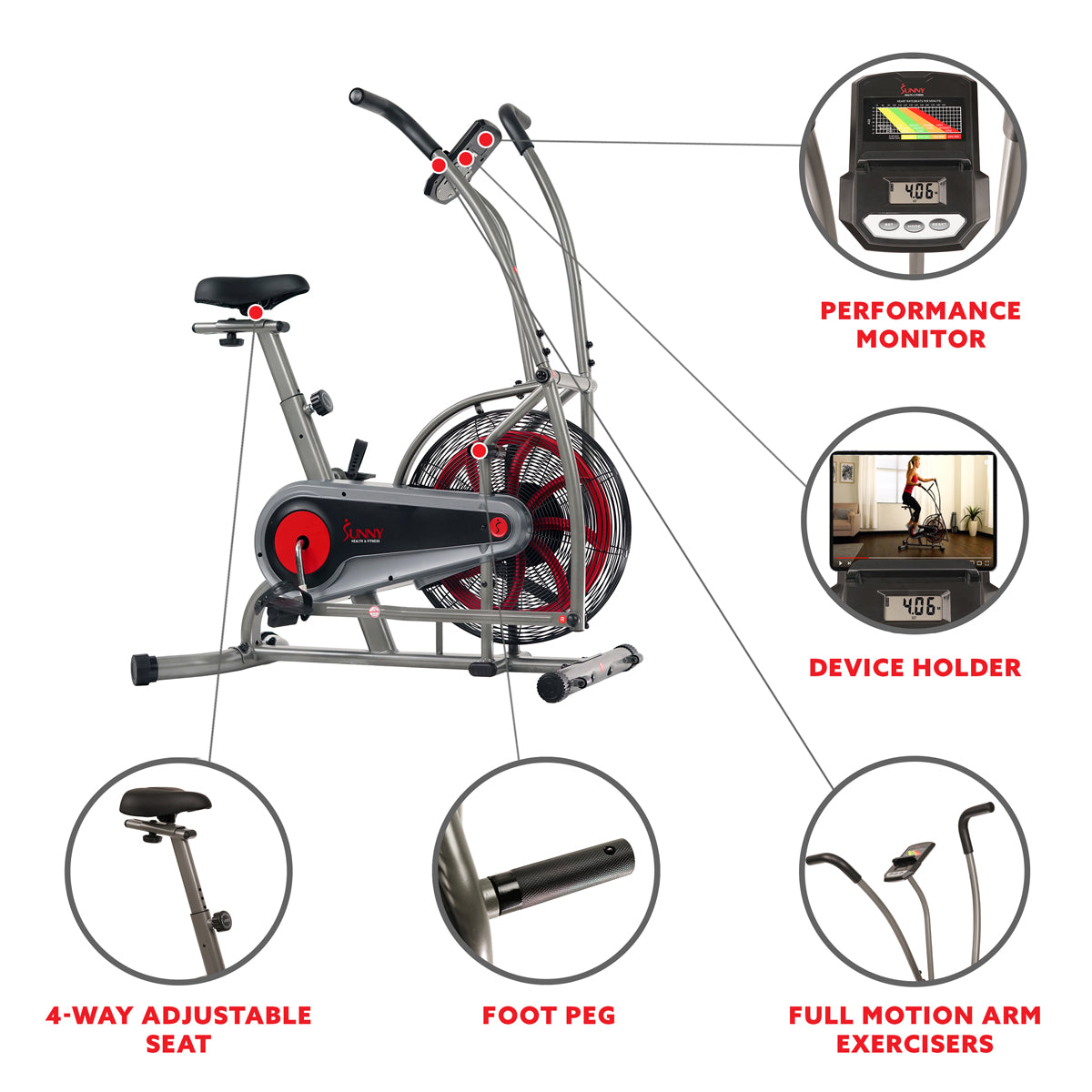  Motion Air Bike, Fan Exercise Bike with Unlimited Air Resistance and Device Holder、mySite、ghnorth