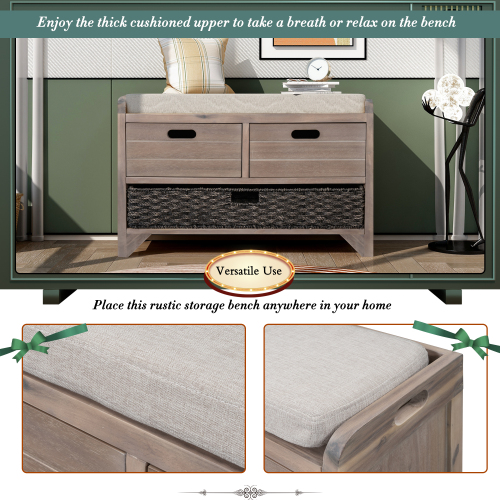 TREXM Storage Bench with Removable Basket and 2 Drawers, Fully Assembled Shoe Bench with Removable Cushion (Navy)、、casual
