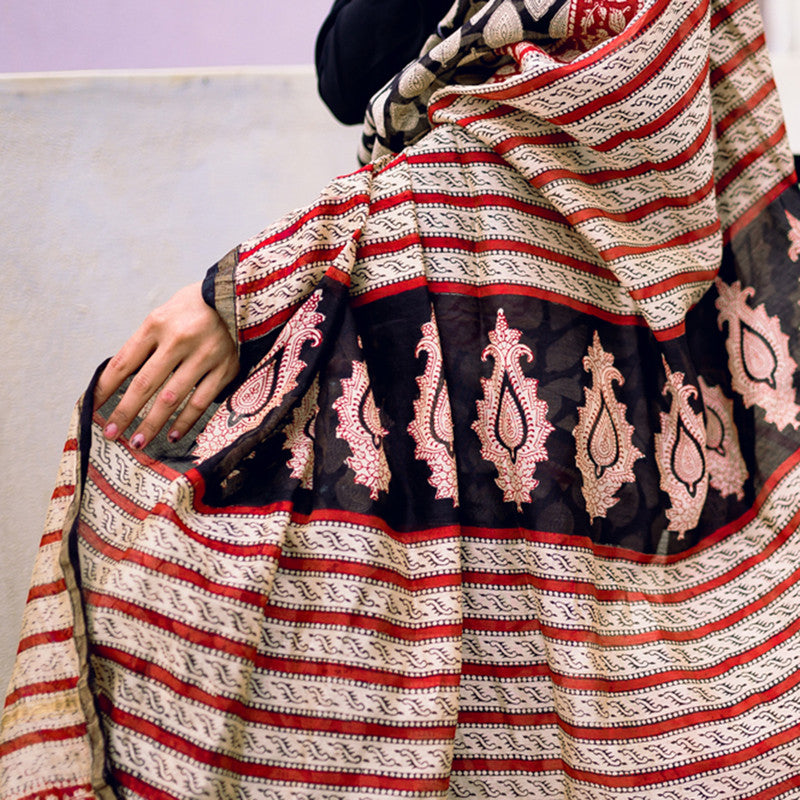 Festive Wear | Cotton Handblocked Bagru Saree | Black、mySite、camillekostekn