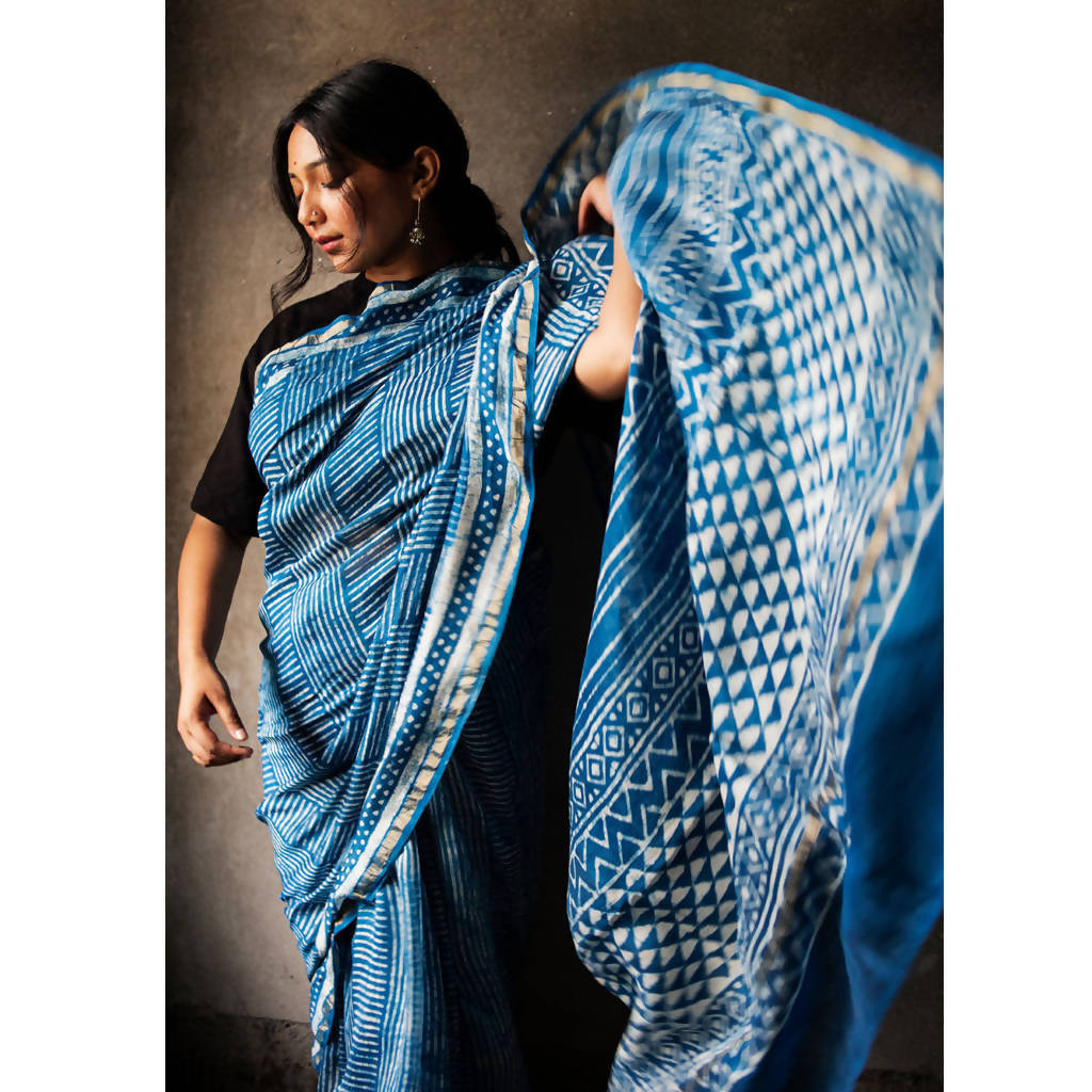 Natural Dyed Blue Dabu Printed Chanderi Saree、mySite、camillekostekn