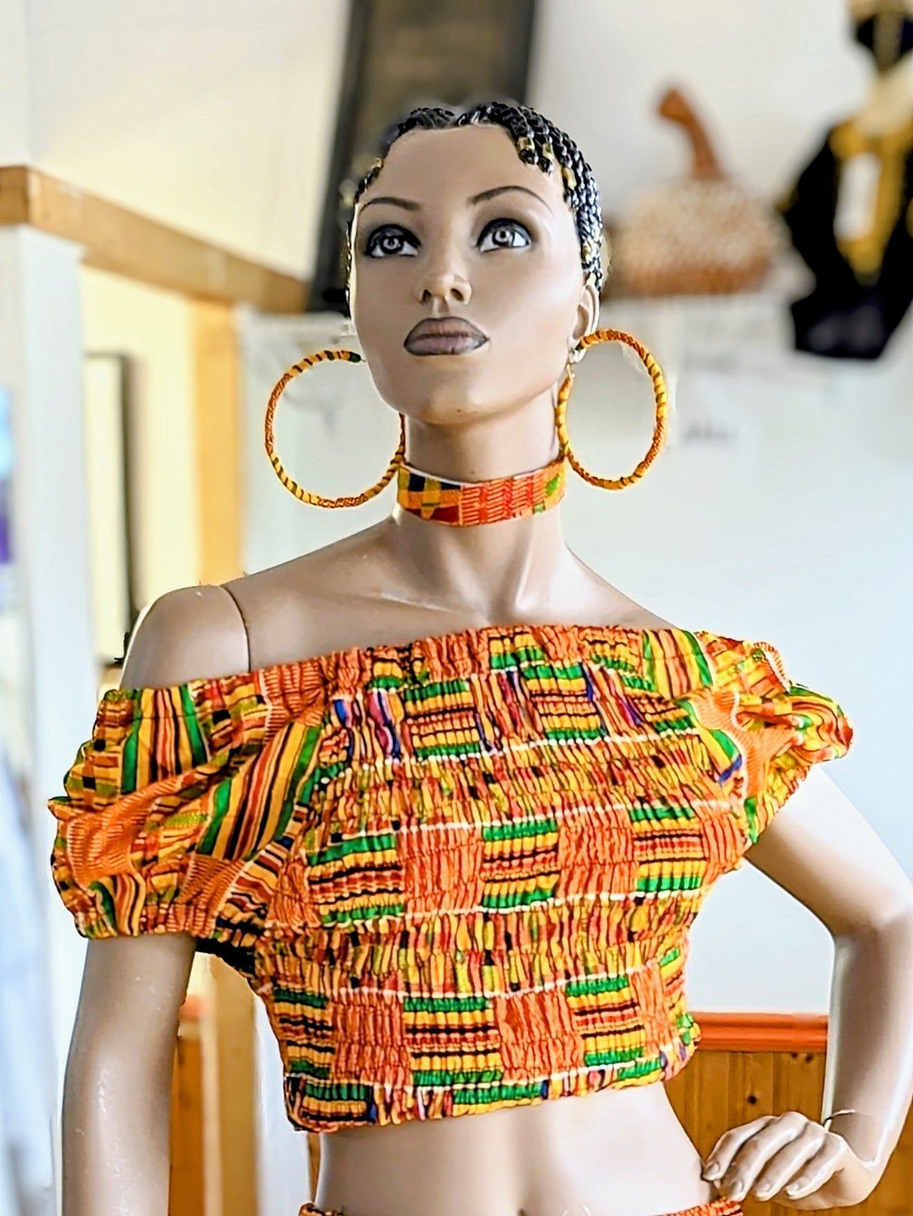 Kufior Smocked Cotton Kente African Print Crop Top-DP3227SCT、mySite、solidvoid