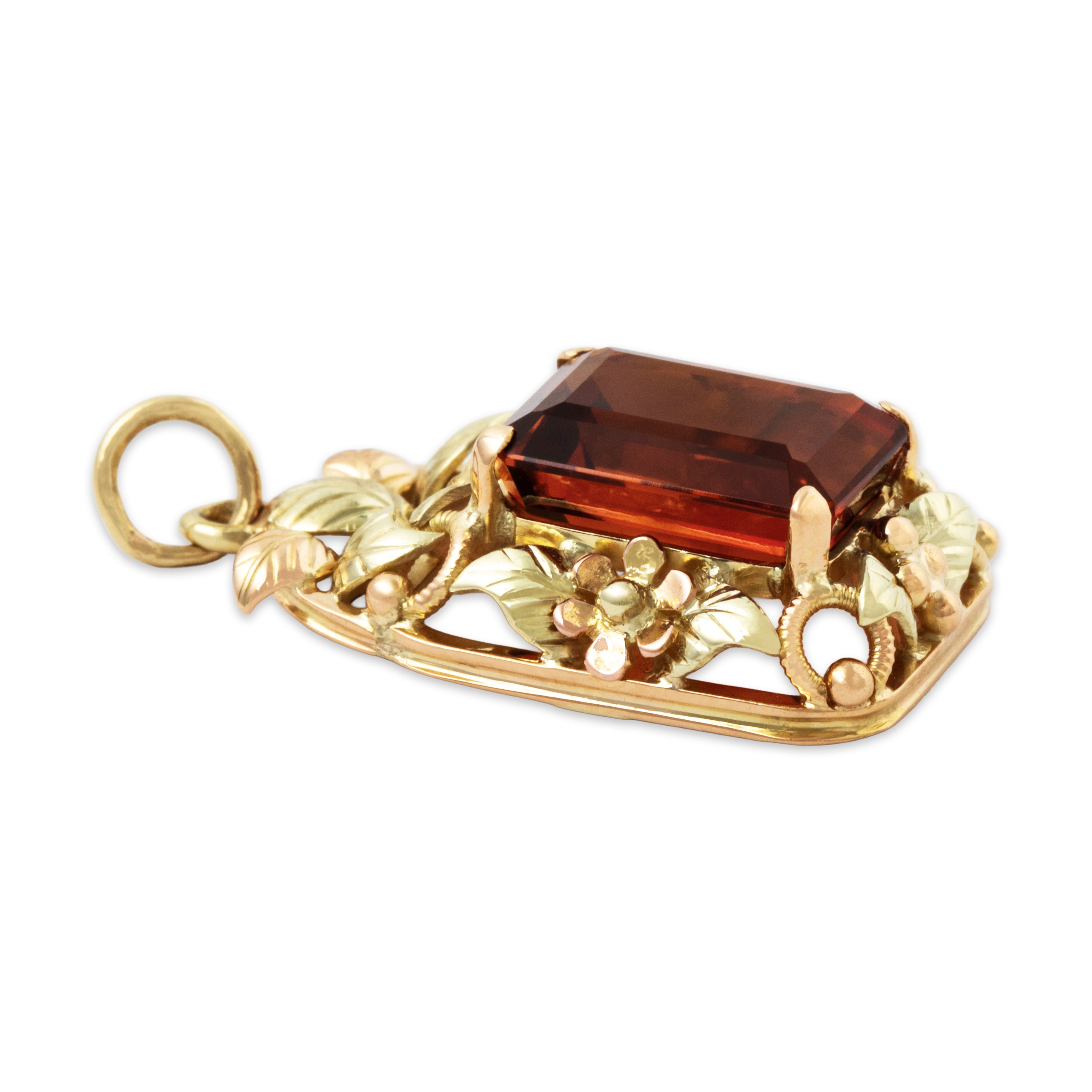 Vintage Heavy 18k Yellow & Rose Gold 4.5ct Madeira Citrine Leafy Floral Pendant、mySite、hinf8tx79