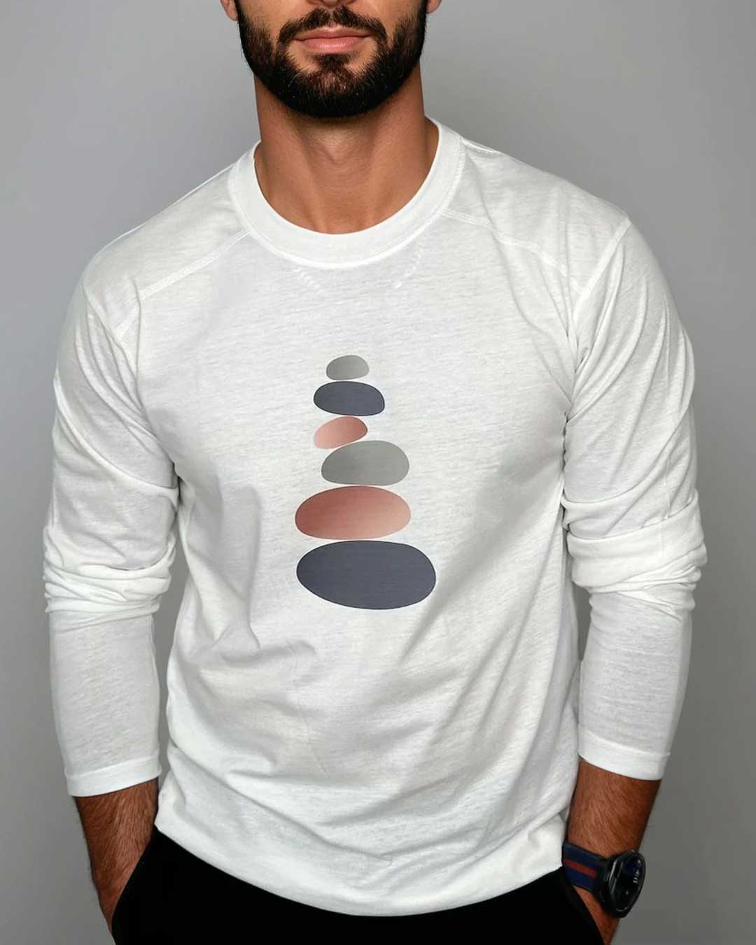 Cairn Pathway Recycled Cotton Tee – Men’s Long Sleeve Shirt with Symbolic Stone Stack Graphic、mySite、topwebapps