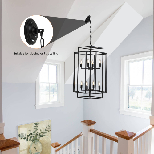 (Same as W1340142525/L1018-C) 18" Modern 8-Light Black & Chrome Geometric Pendant Chandelier, Industrial Metal Frame, Adjustable Hanging Light for Living Room, Dining Room, Kitchen (No Bulbs)、、eastwooduniform