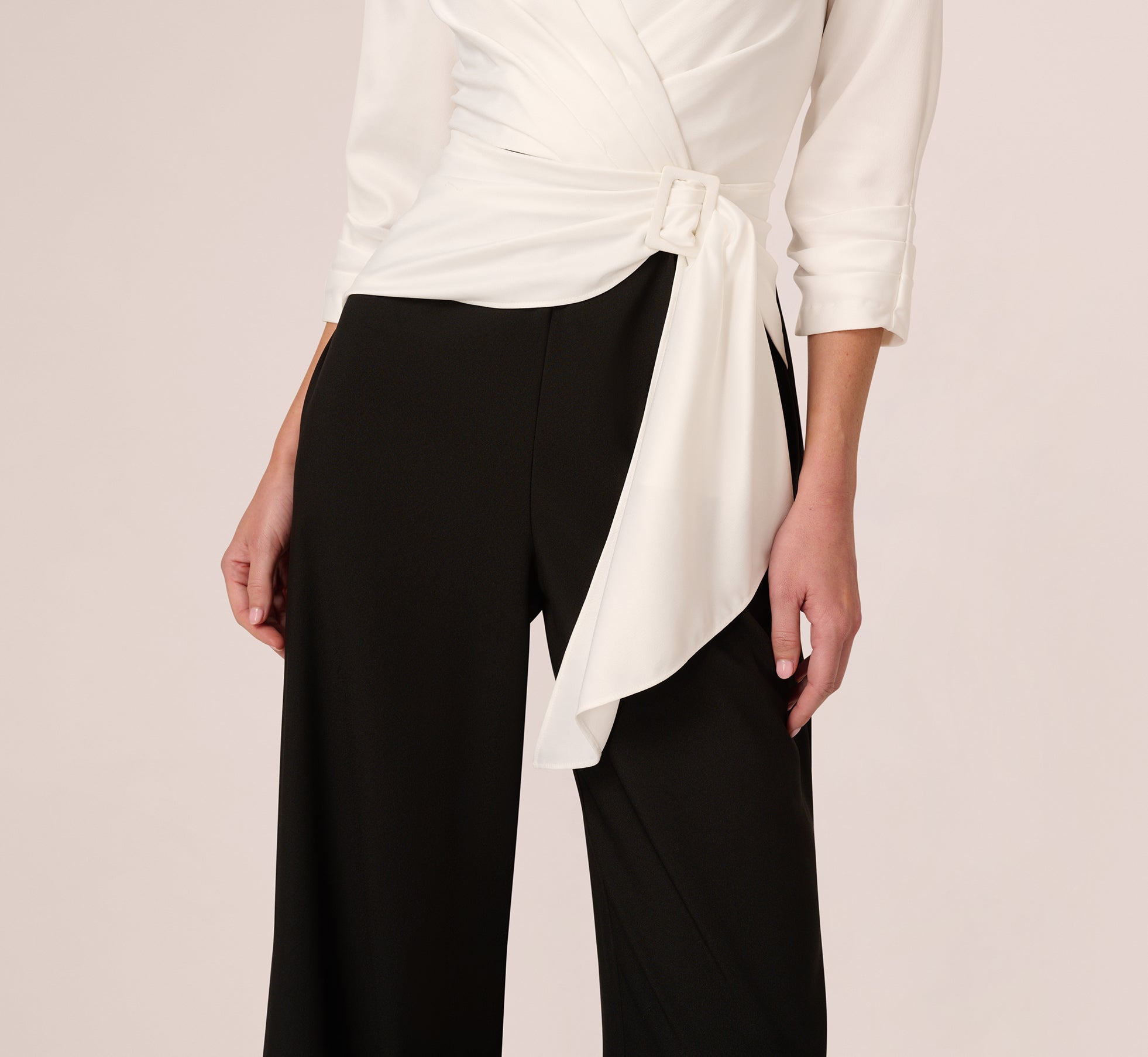 Three Quarter Sleeve Draped Combo Jumpsuit In Ivory Black、mySite、solidvoid