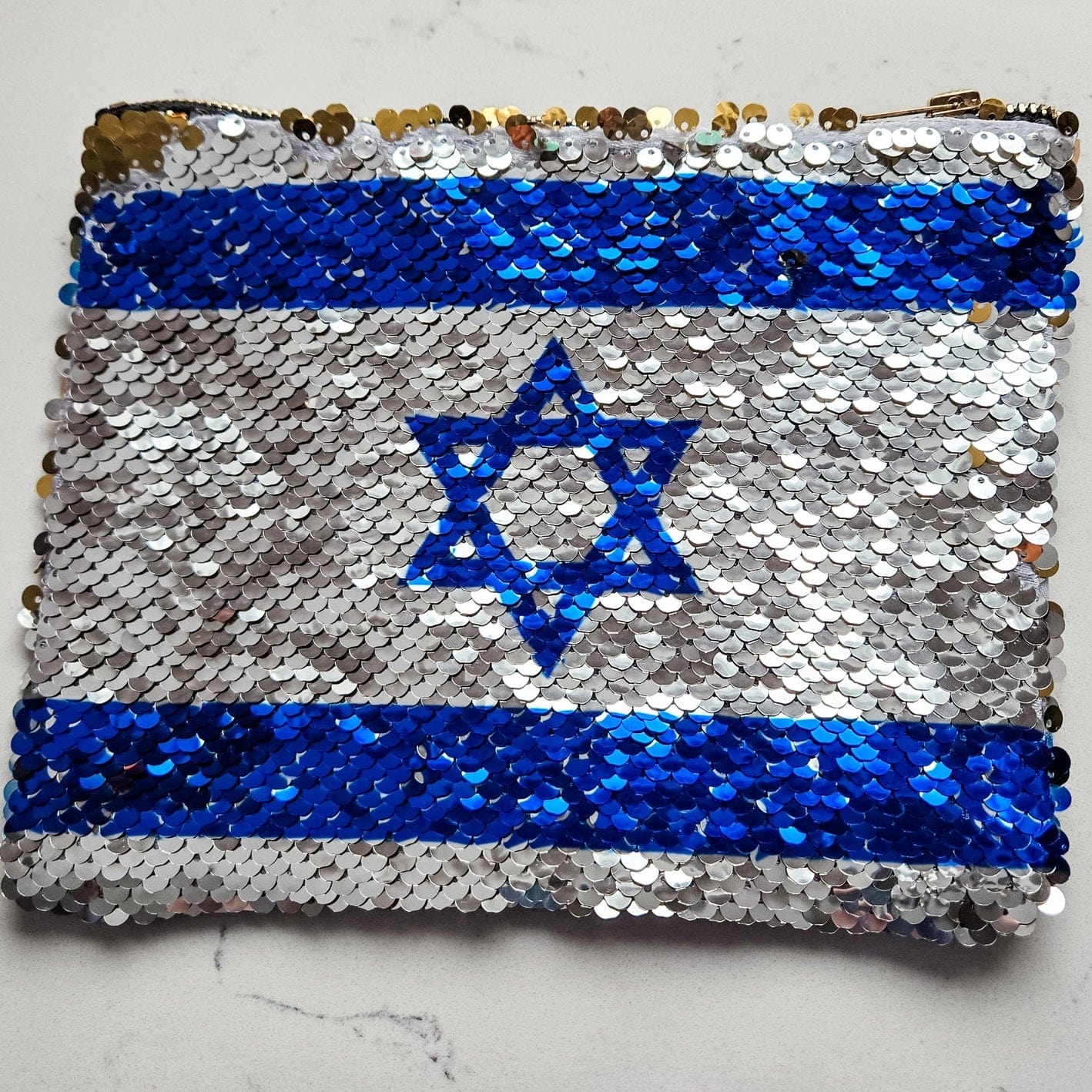 Israeli Flag and Gold Sequin Flip Cosmetic Bag、mySite、topwebapps