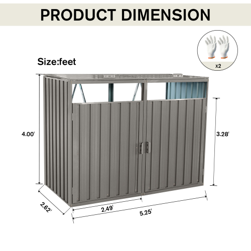 Garbage Bin Shed Stores 3 Trash Cans Metal Outdoor Bin Shed for Garbage Storage,Stainless Galvanized Steel, Bin Shed for Garden Yard Lawn,Grey、、eastwooduniform