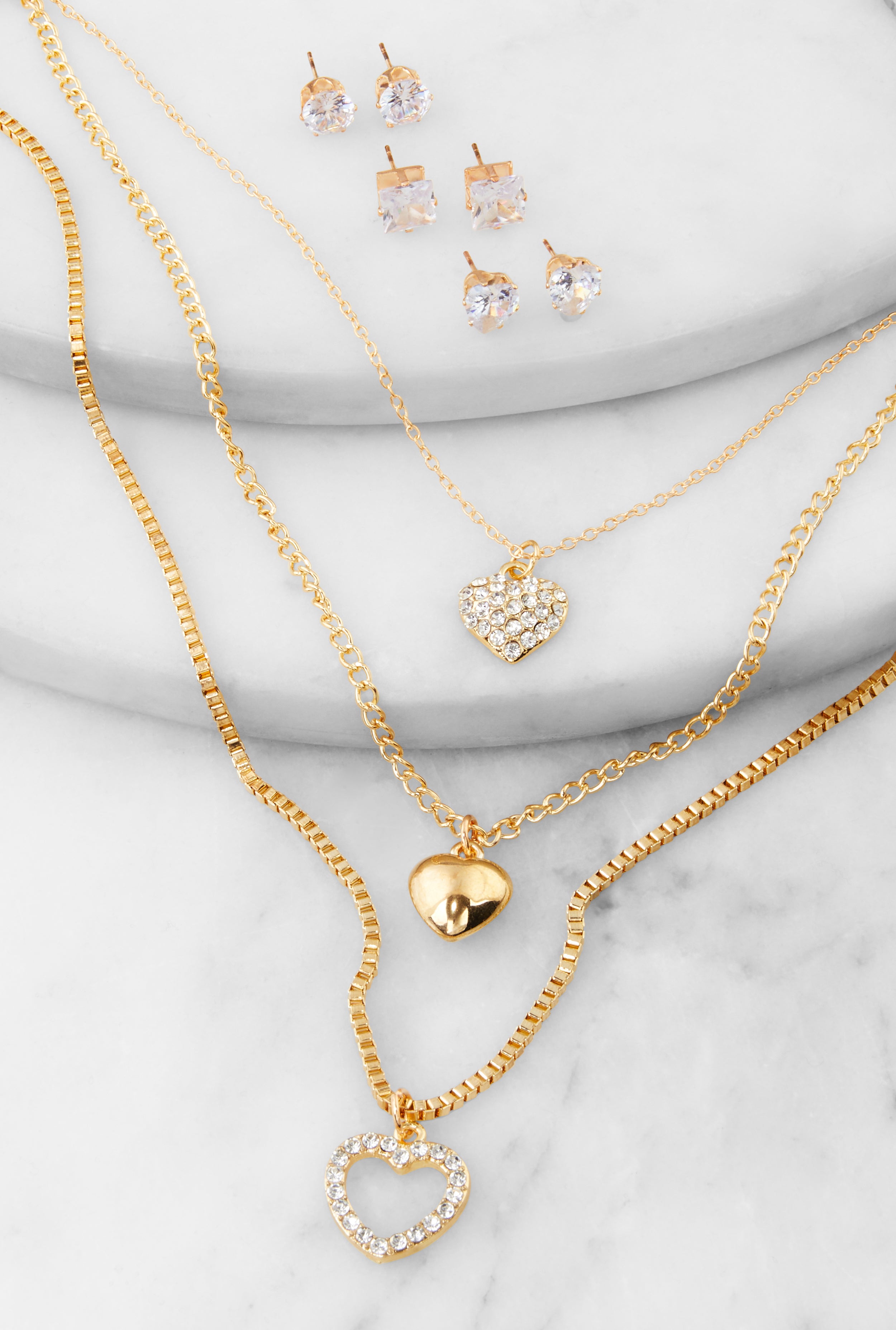 Heart Charm Layered Necklace with Stud Earring Trio、mySite、camillekostekn