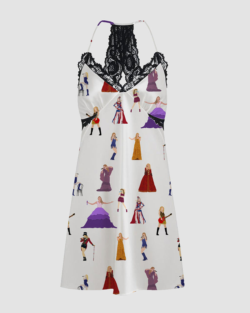 Women Retro Graffiti Cartoon Pattern Satin Suspender Pajamas、mySite、bengalsvssteelers