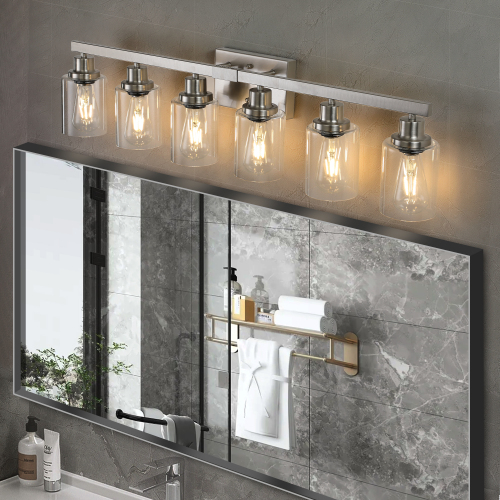 37" Golden 6-Light Vanity Light with Clear Glass Shades, Modern Iron Metal Bathroom Wall Fixture for Mirror, Ideal for Bathroom and Dressing Table (No Bulbs)、、eastwooduniform