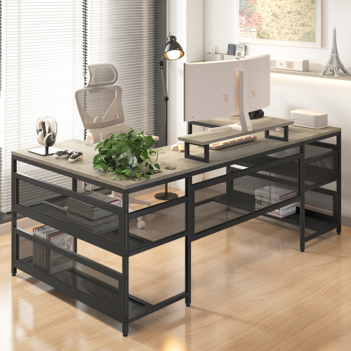 U Shaped Desk with Power Outlets & LED Strip & Monitor Stand, L Shaped Desk with Storage Shelf, Home Office Gaming Desk, Vintage、、casual