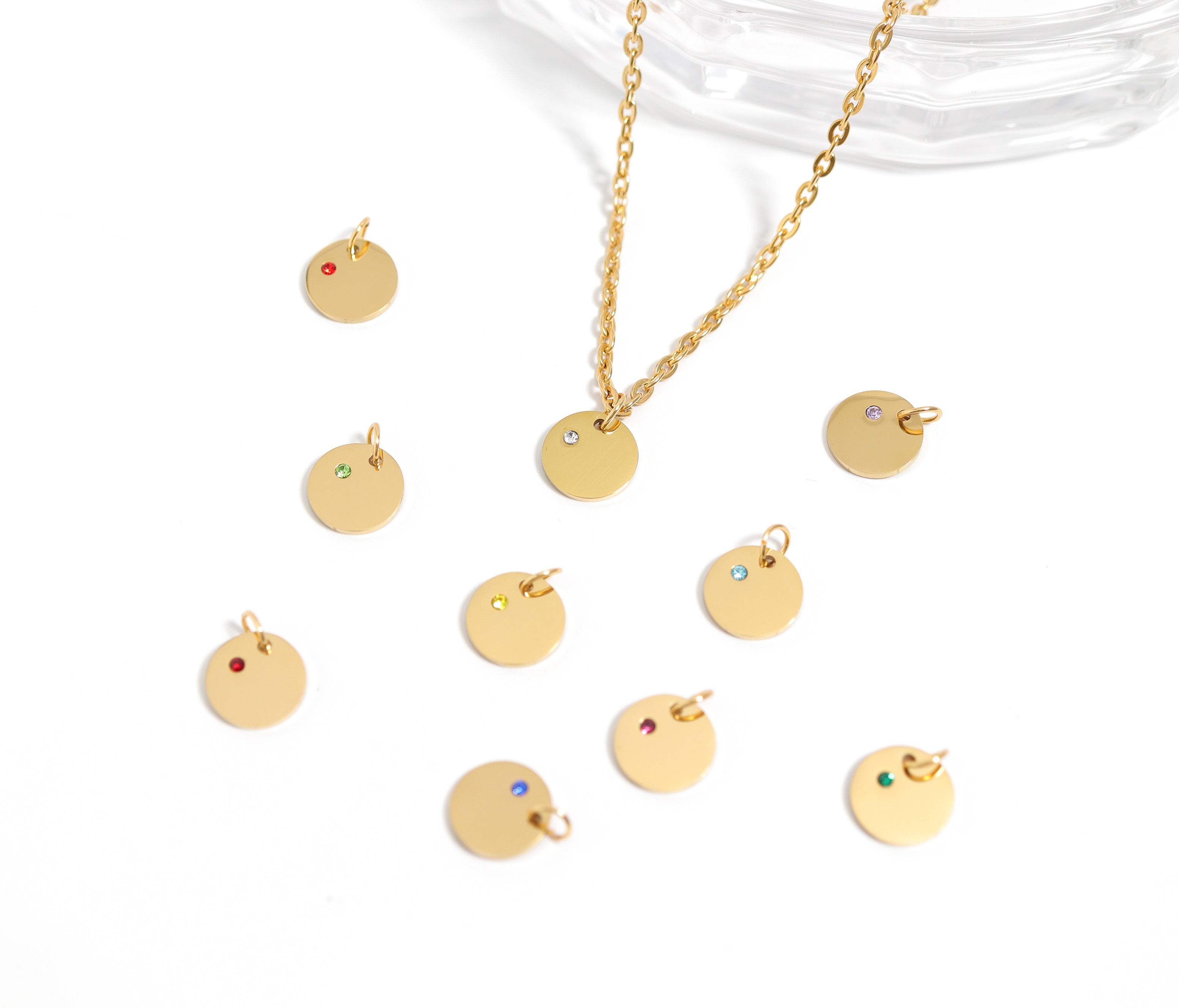 18K Gold PVD Stainless Steel CZ Birthstone Blank Circle Charm / SBB0320、mySite、dreamappss