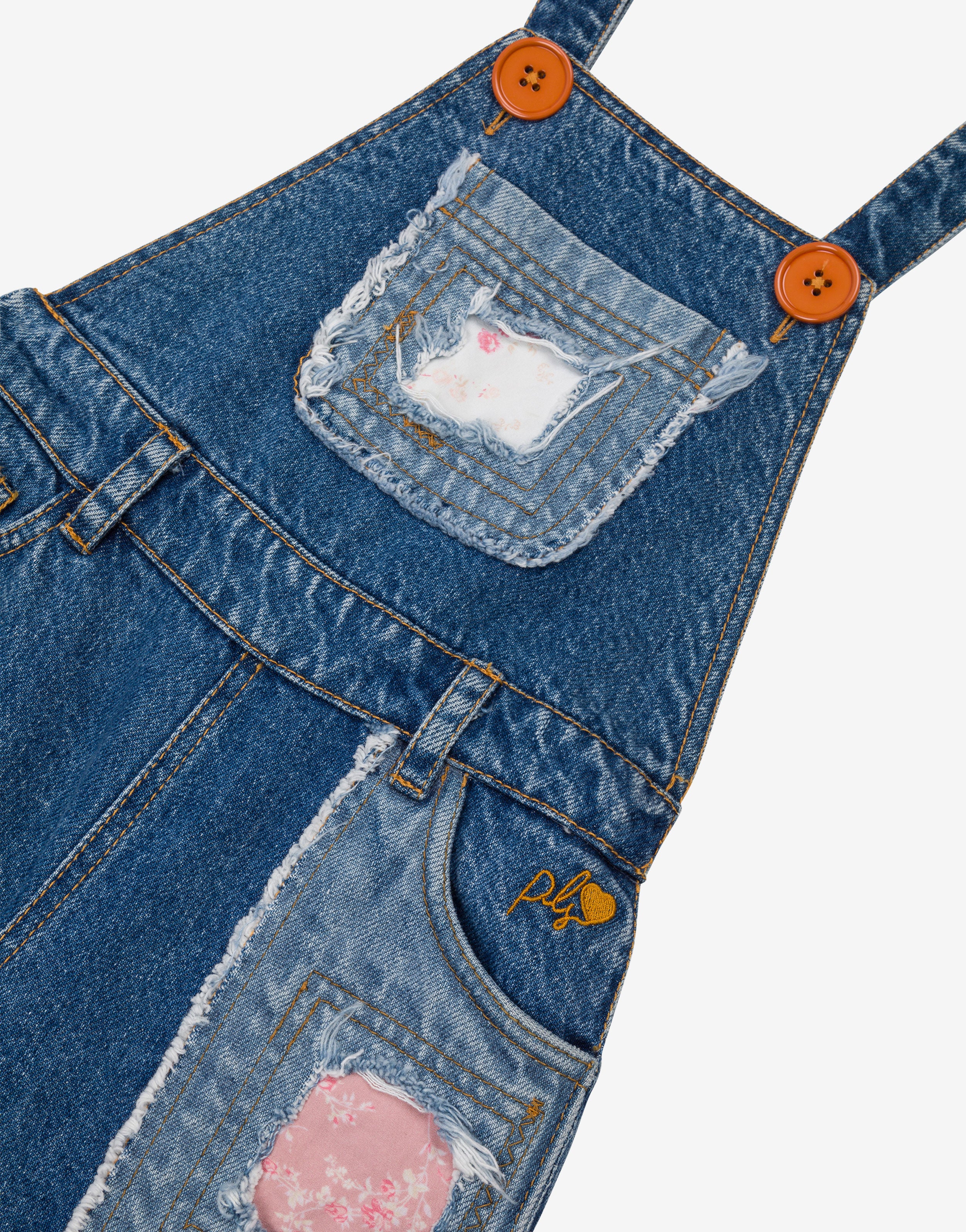 Kids salopette in denim con patch、mySite、aoinhome