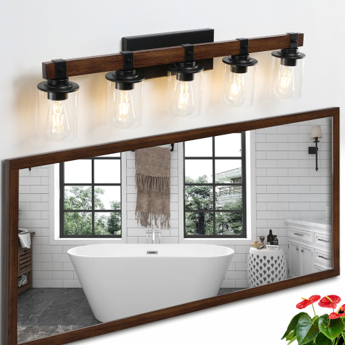 (Same as W1340119957/L1016) 27" Rustic 4-Light Vanity Light, Industrial Bathroom Wall Sconce with Glass Shades and Wood Accent, Modern Farmhouse Lighting Fixture (No Bulbs)、、eastwooduniform