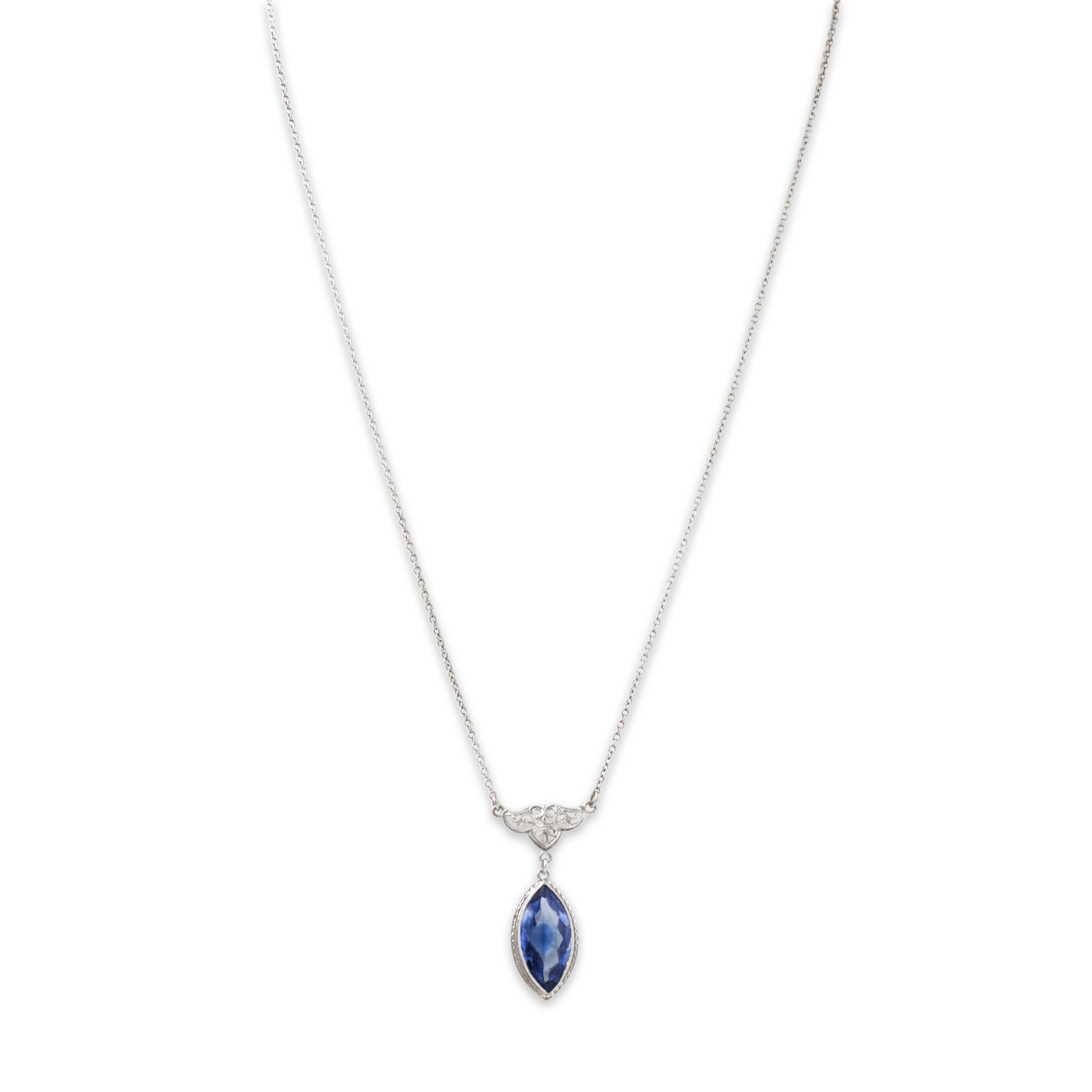 Antique Art Deco 10k White Gold Blue Synthetic Sapphire Lavalier Necklace 17、mySite、hinf8tx79