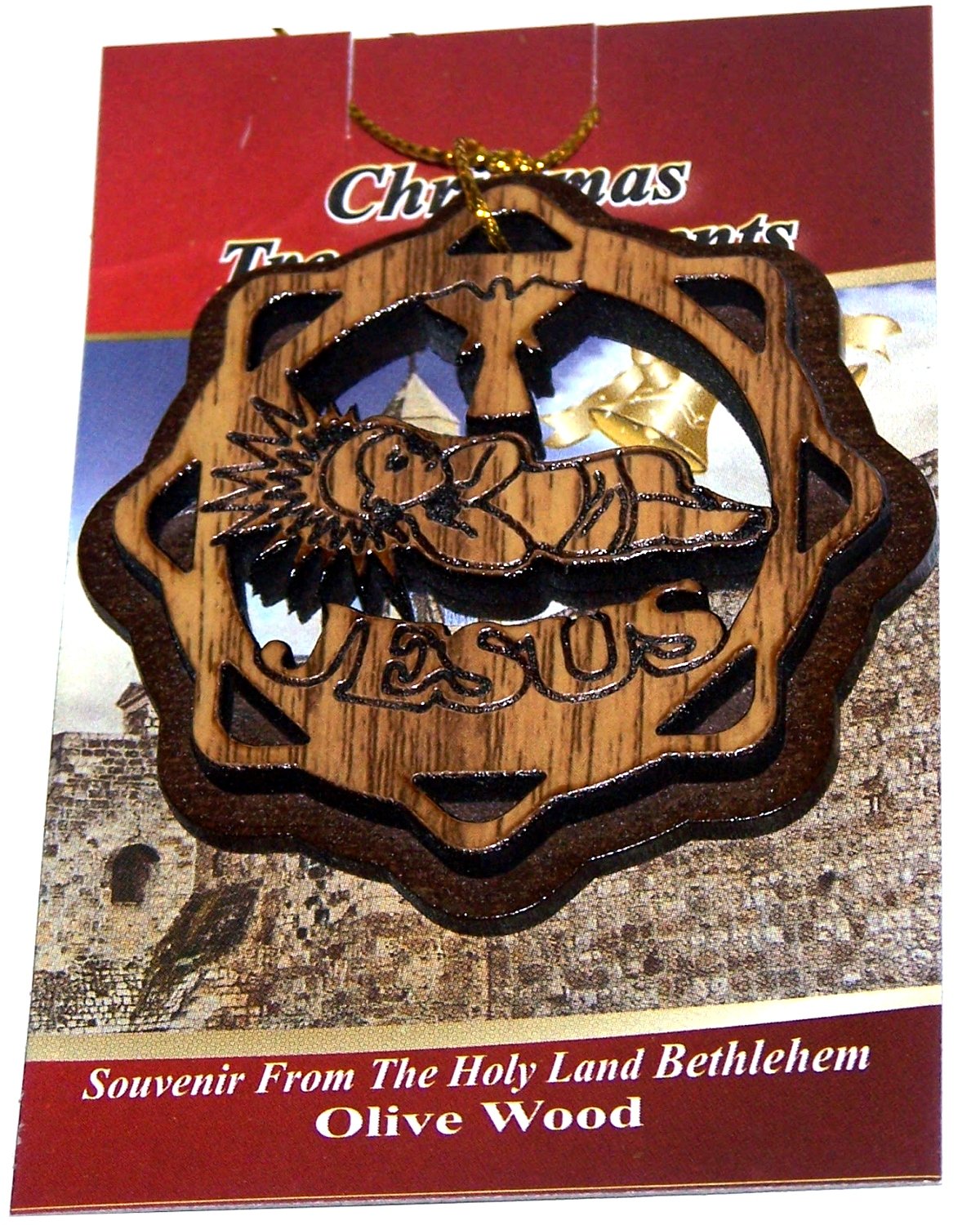 Holy Land Market Two Layers Mahogany with Olive Wood Baby Jesus in Cradle or Manger Ornament Gift Carved by Laser - Olive Wood (6.5 cm or 2.6 inch with Certificate) and Gold String、mySite、topwebapps