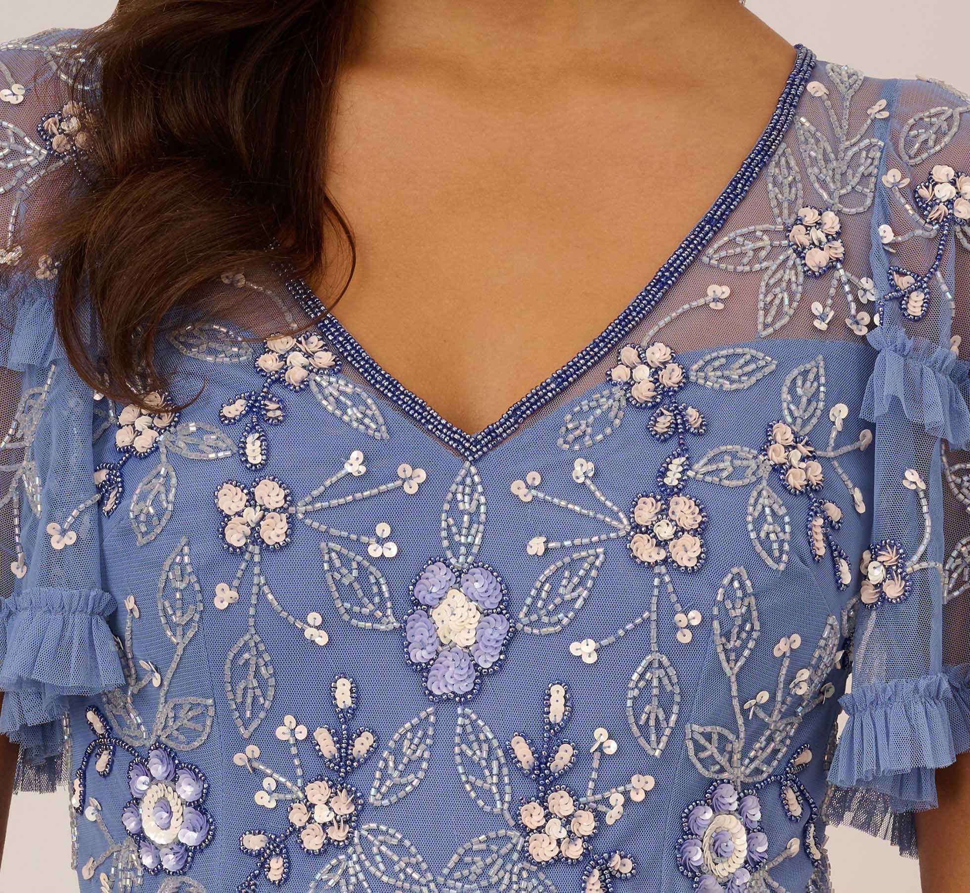 Beaded Midi Dress With Sheer Ruffled Sleeves In French Blue、mySite、solidvoid