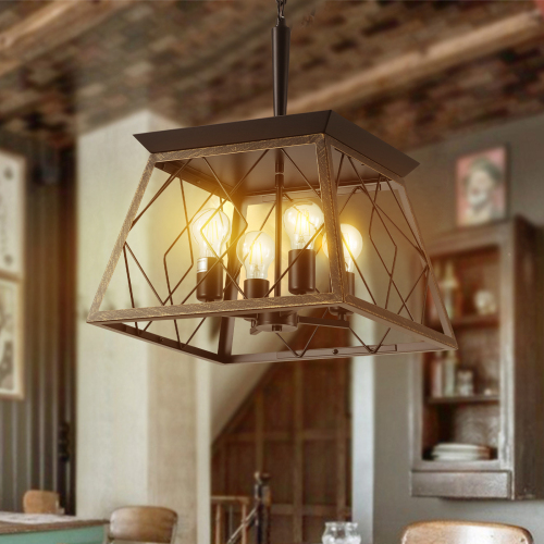 (Same as W1340111203/L1009) 16" Black Industrial 4-Light Pendant Chandelier, Modern Metal Cage Design, Adjustable Hanging Light for Dining Room, Kitchen, Living Room (No Bulbs)、、eastwooduniform
