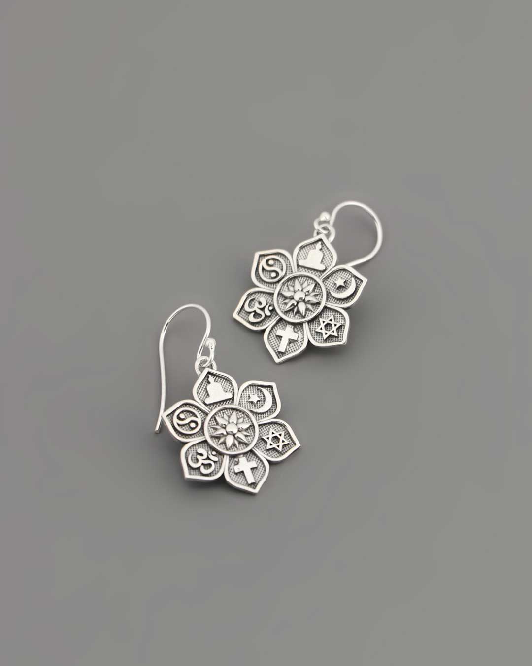 Sterling Silver Coexist Harmony Earrings – Lotus Design with Spiritual Symbols and “Together as One” Engraving、mySite、topwebapps
