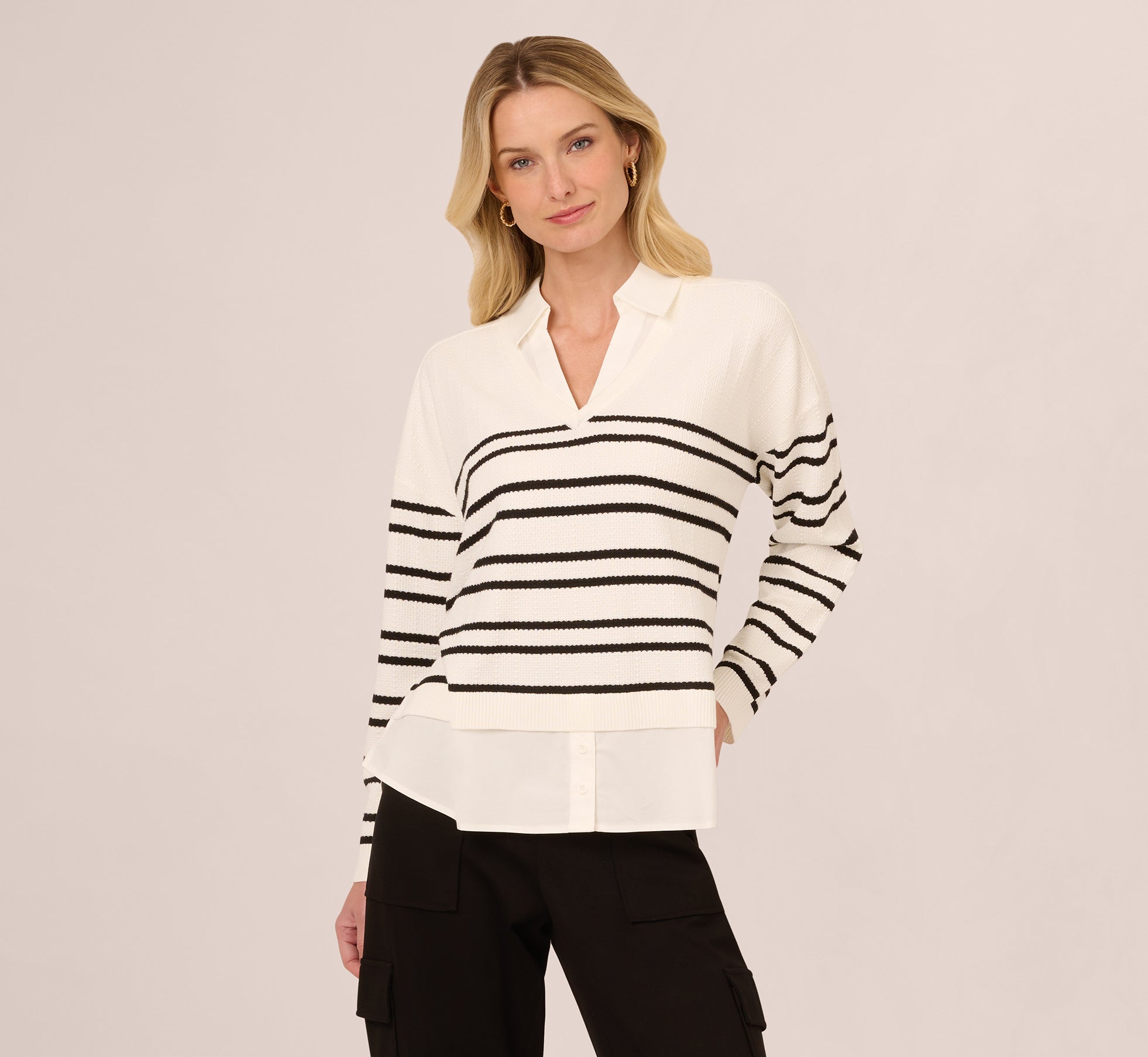 Long Sleeve Stripe Collared Twofer Sweater In Ivory Black W Ivory、mySite、solidvoid